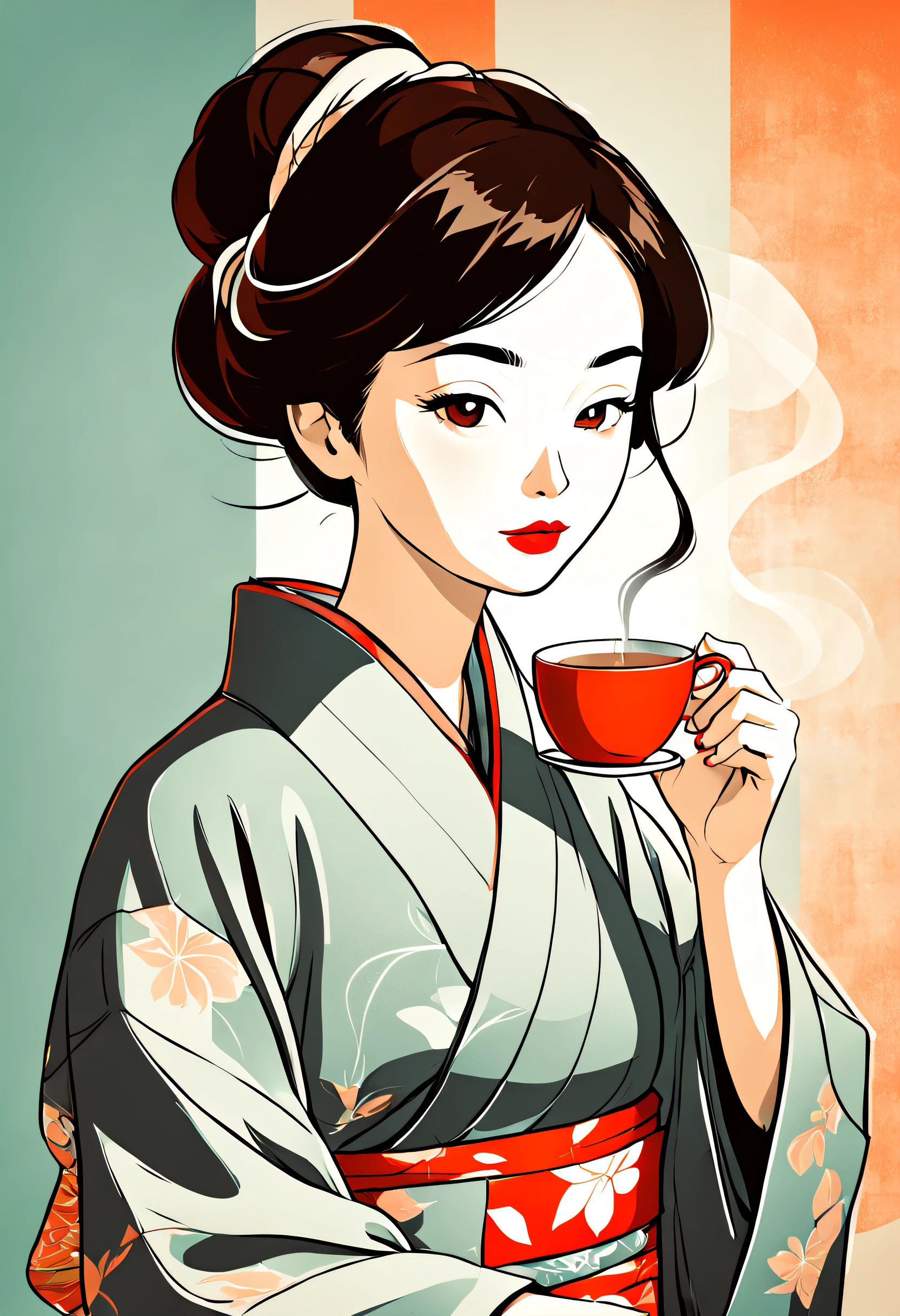 A minimalist portrait of a woman in a kimono drinking a (steaming cup of tea:1.37), vector image, abstract lines,