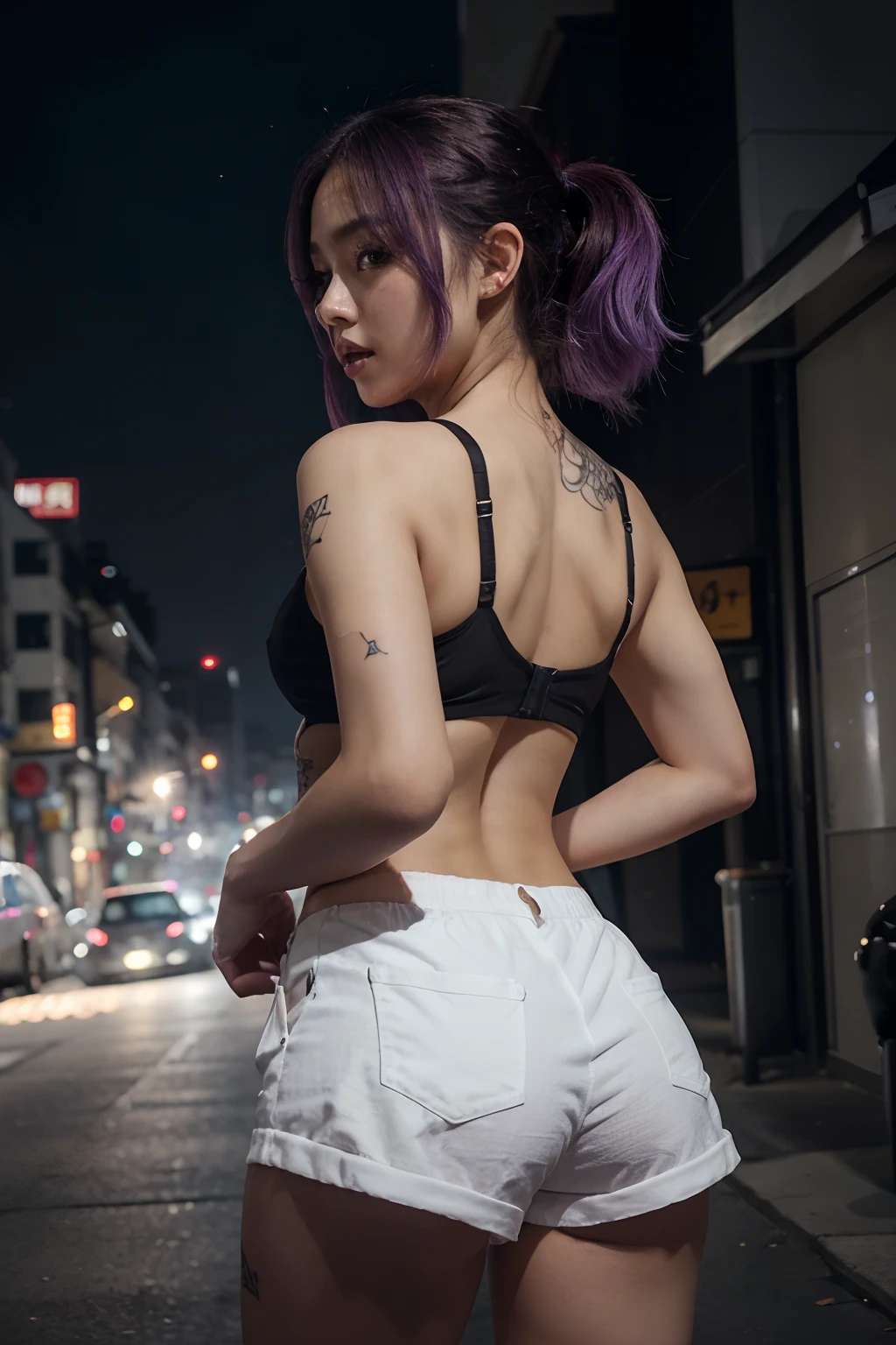 araffe in a black bra top and white shorts in a night city, korean girl, gorgeous young korean woman, back pose, in shorts, cottagecore!! fitness body, toned derriere, thicc, side pose, beautiful south korean woman, booty shorts, 2 4 year old female model, sexy girl wearing shorts, korean woman, lit from behind, heavy makeup, hair ties, slightly open mouth, big eyes, glossy, very pretty face, slender waist, sex pack, light purple hair, tattoo girl