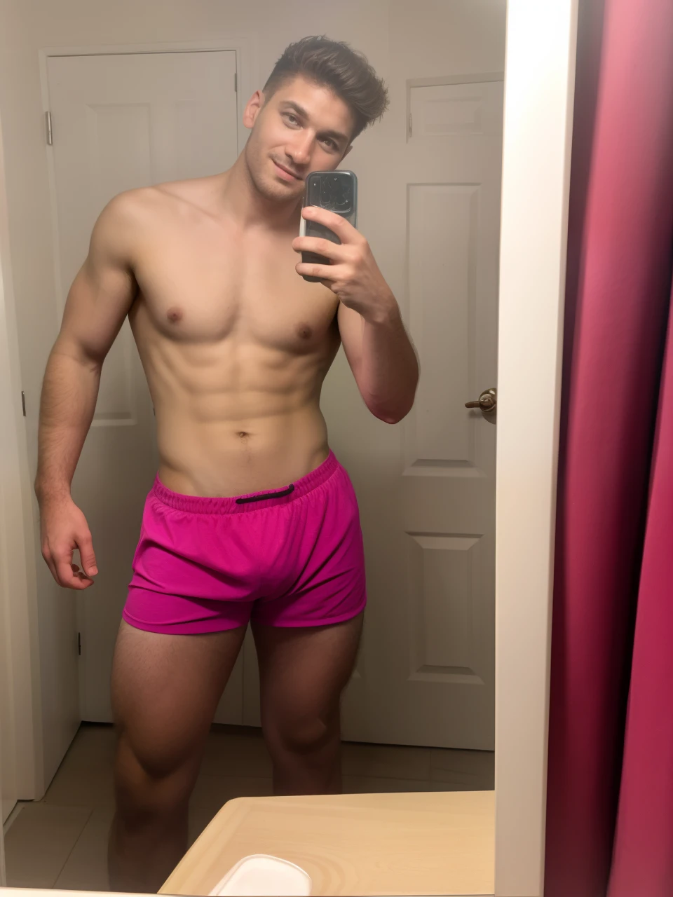 Realistic, 1man, mirror selfie, VPL, pink shorts