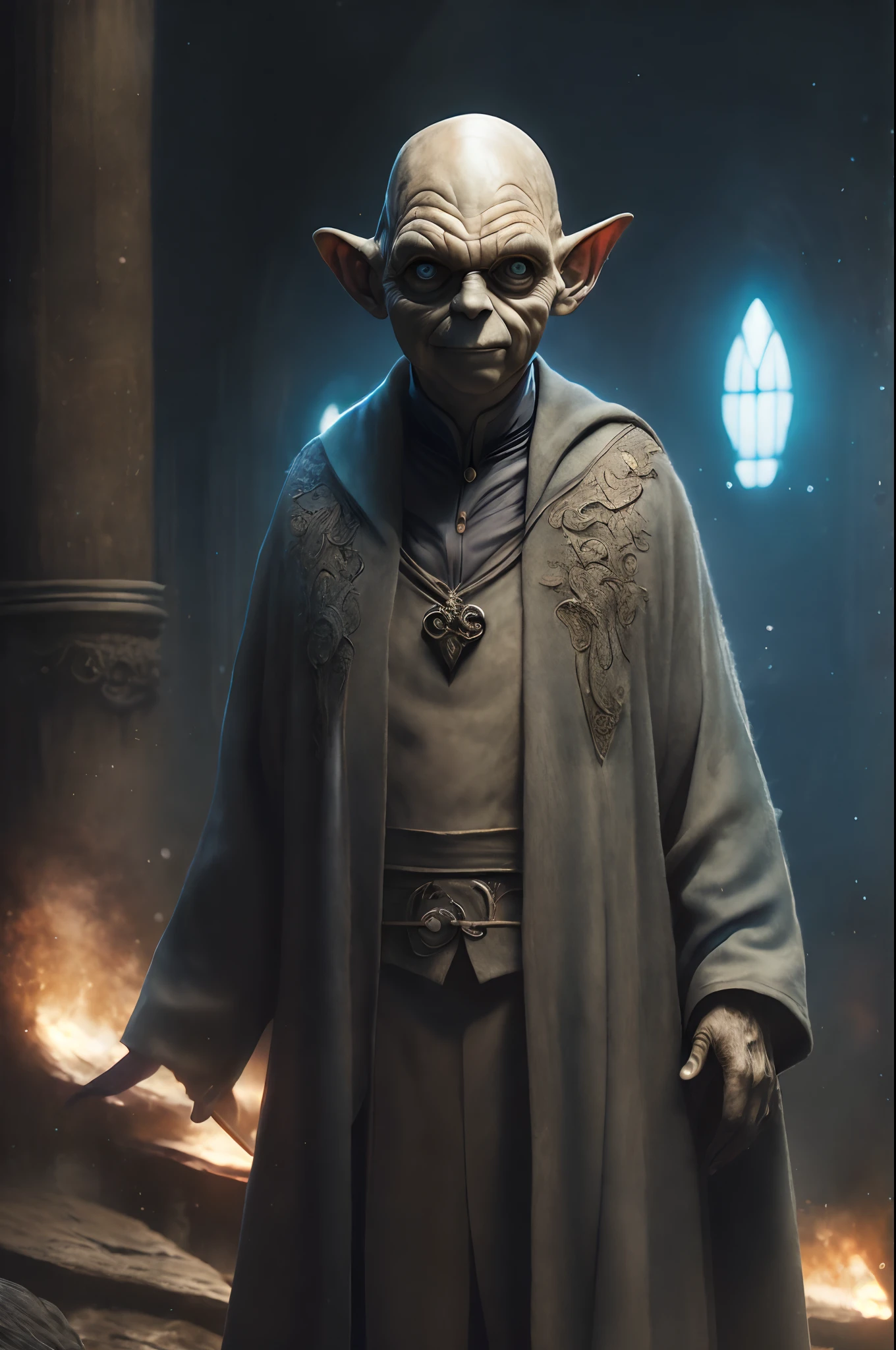 (realistic photo:1.5), (((high resolution photo))), (((extremely detailed))), ((masterpiece)), dramatic shadows, depth of field, 35 mm, (((best quality))), (realistic: 1.4), (Yoda but Voldemort), in Hogwarts, Magic school, mantle, magic wand, full body shot, wide lens, detailed face, wet eyes, weary eyes, fine eyes, brightly colored eyes, bioluminescence, fantasy aura, cinematic, by Greg Rutkowksi