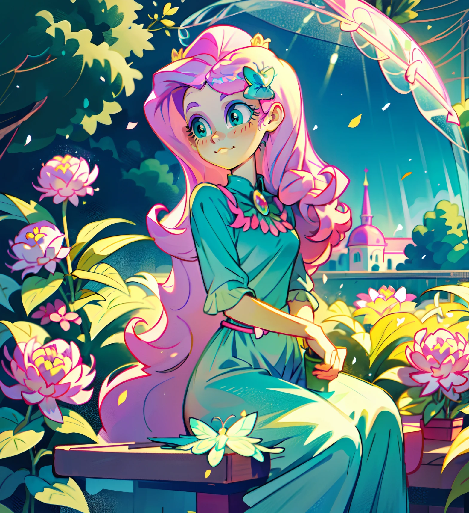 Fluttershy, fluttershy from my little pony, fluttershy in the form of a girl, lush breast, pink long wavy hair, soft smile, flowers, butterflies, (top quality, masterpiece, ultra-realistic), rainy day, raining, indoor in a green botanical garden, dome, lots of flowers, dense mass plants, the background landscape is a garden with petals, Dahlia peony flowers everywhere, turquoise eyes, turquoise eyeshadow, green dress, butterfly hair clip, detailed lighting, sunlight, yellow pure light, sitting, heavenly plants, hanging flower pots, pink and green flowers everywhere, flower crown, green glass dome, extremely long hair, (light yellow skin 1.5), yellow pony ears, golden lighting