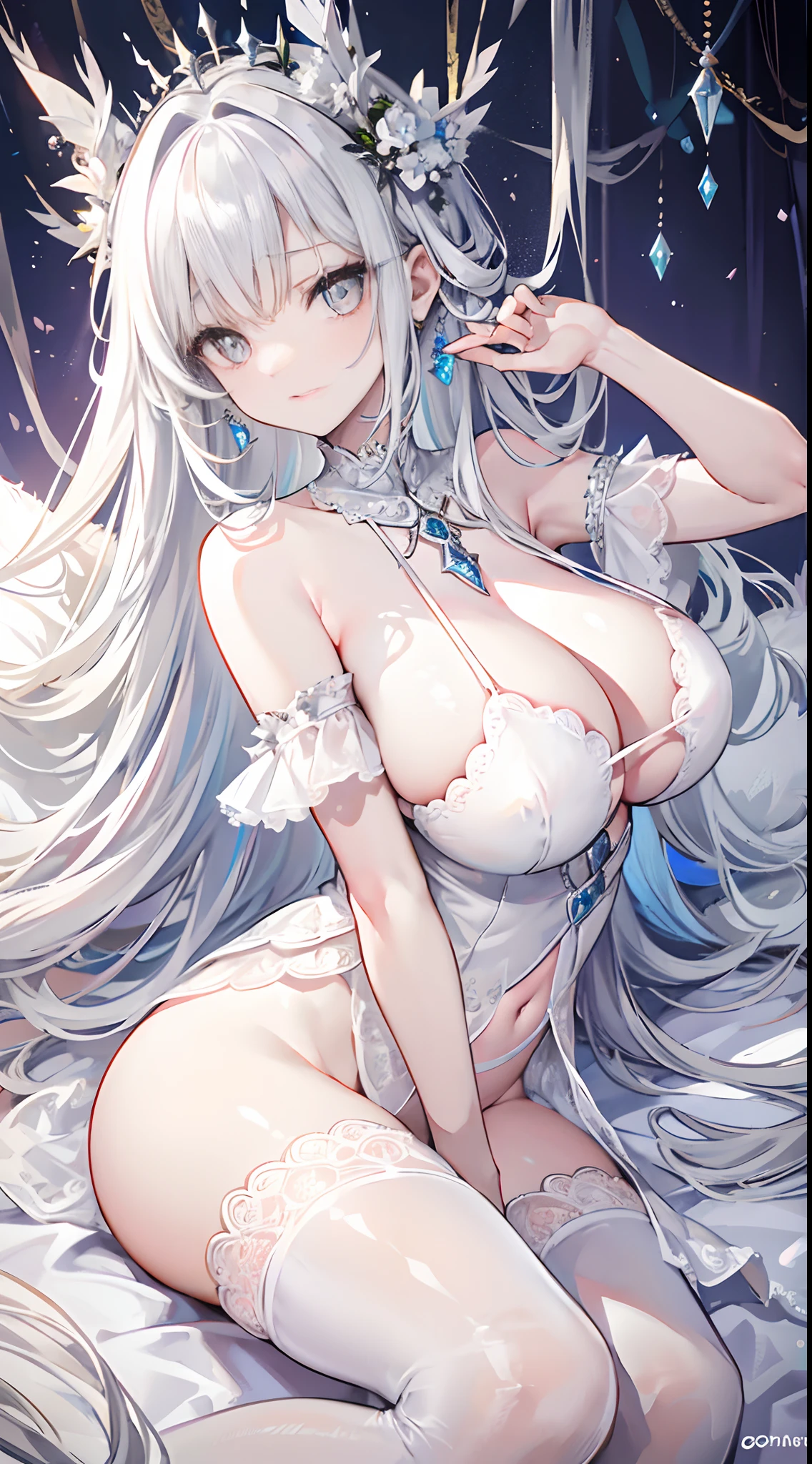 fairy queen，Long gray-white hair，Coiled hair，Hairpins，Crystal crown hair ornament，Off-white eyes，Eye highlights，White skin of the，Big Breasts Girl，Off-white off-the-shoulder low-cut slip dress，drooping chest，White translucent stockings，Reverent eyes，lying on sofa