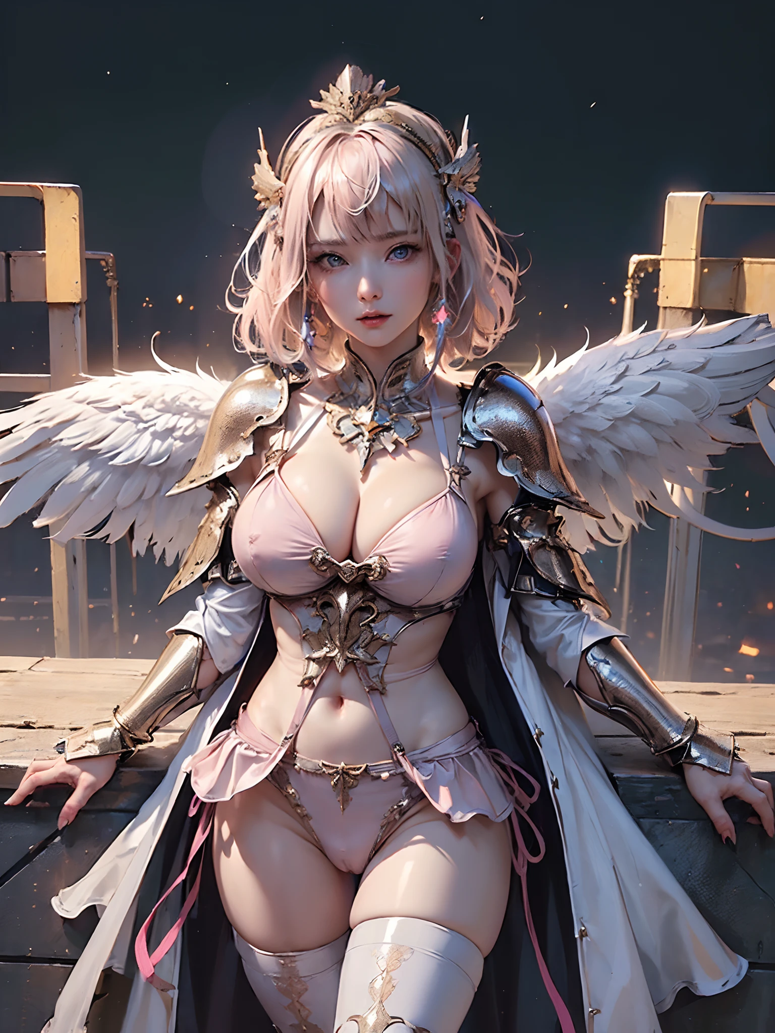 (( (tmasterpiece),(Very detailed CG Unity 8K wallpaper),(bustshot:1.5), best qualtiy,cinmatic lighting,Photorealsitic, 细致背景,beatiful detailed eyes,Bright pupils,(Very fine and beautiful),(Beautiful and detailed eyes description),ultra - detailed,tmasterpiece,hight resolution)), ((Dressed in insanely sexy bikini armor:1.4)), Rose gold armor, Richly decorated armor, a beautiful woman warrior, Shorthair, Platinum Blonde Hair, cleavage of the breast, Looking at Viewer, lightsmile, (Breast Focus), huge-breasted, (Breasts out:1.2), during night, (Sexy pink underwear), (Masturbation:1.3)