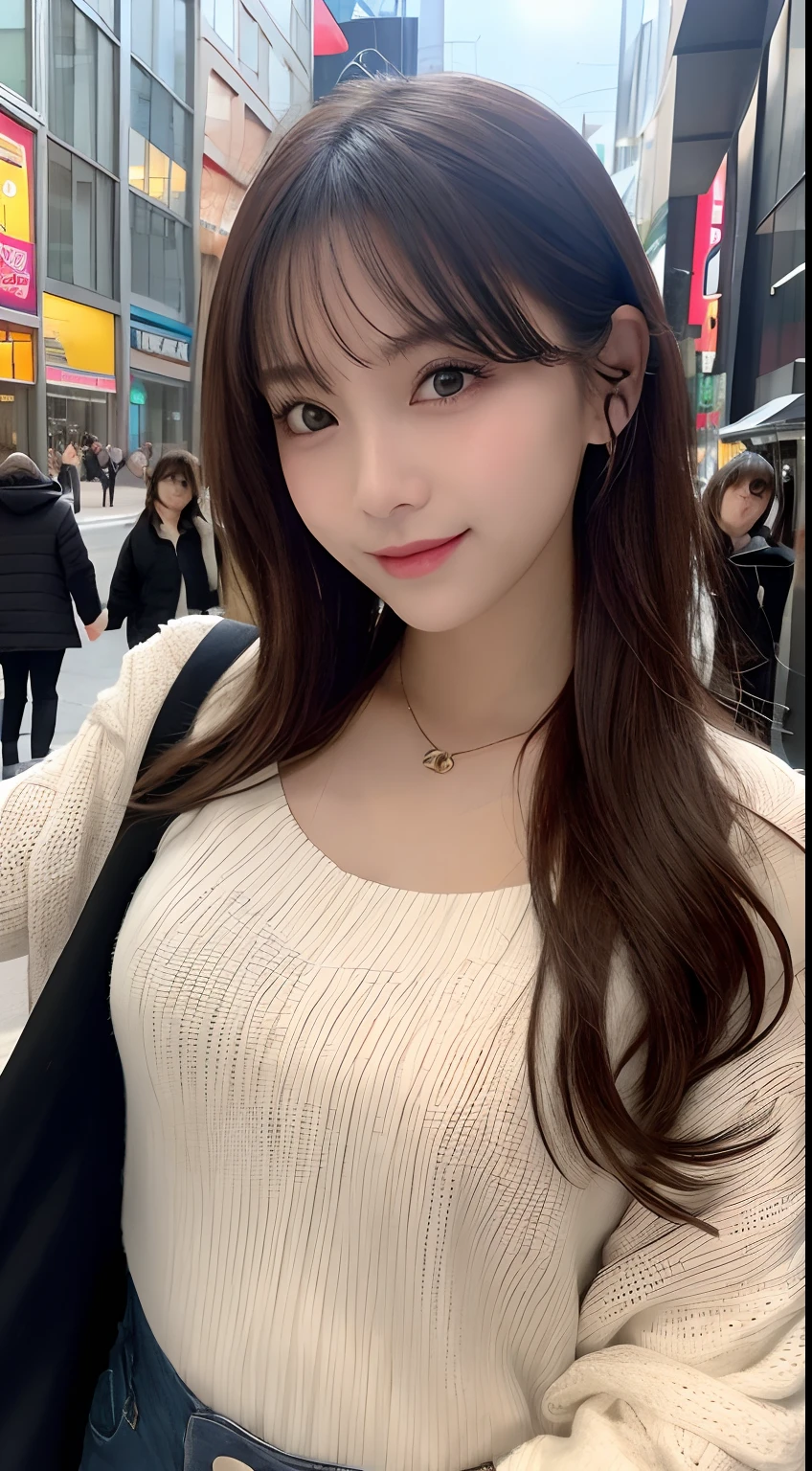 masutepiece, Best Quality, Illustration, Ultra-detailed, finely detail, hight resolution, 8K Wallpaper, Perfect dynamic composition, Beautiful detailed eyes,Medium Hair,small tits,Natural Color Lip, Bold sexy poses,Smile,Harajuku、20 years girl、Cute、Sexy shot looking at camera,Randomly change outfits(Women's winter clothes that are trendy now)