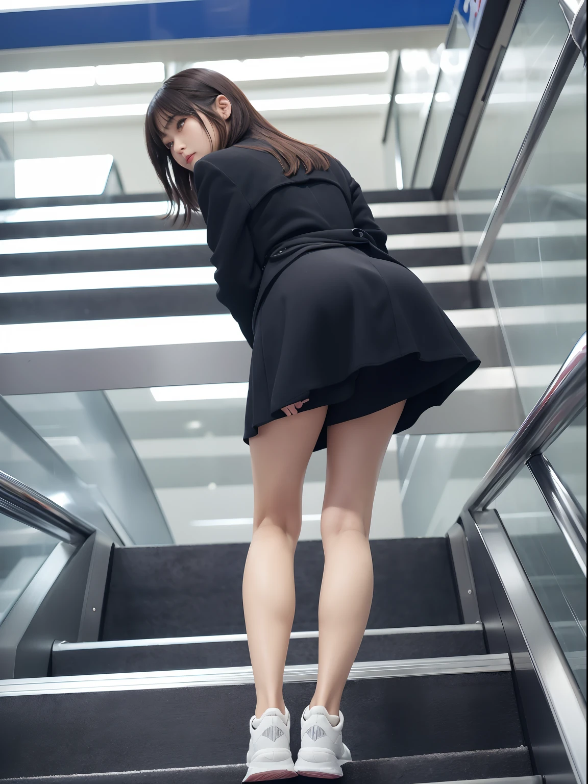 Uphill on the escalator skirt、short coat、Lower body close-up、looks from behind、The camera angle is very low、Slouched、Slouched、Protruding buttocks