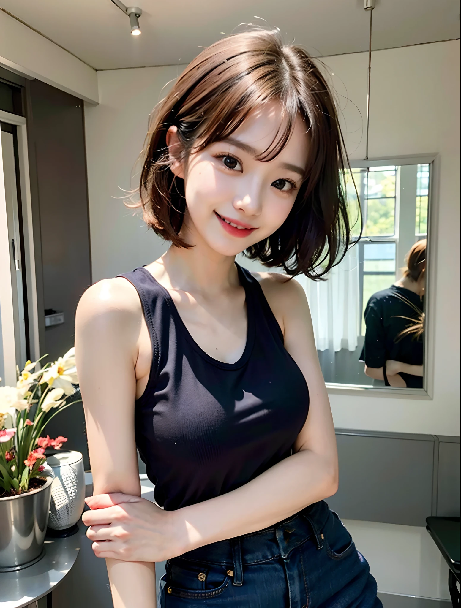 (masterpiece:1.3), high resolution, ultra detailed, extremely detailed CG unity 8k wallpaper, realistic, photo-realistic, RAW photo, beautiful detailed face, pale skin, realistic skin, detailed cloth texture, detailed hair texture, Perfect proportion, Beautiful Face, accurate, Anatomically correct, Highly detailed face and skin texture, natural neck length, (beautiful hands), (fair skin:1.2), Thin legs, Thin feet, Sexy thighs,
BREAK,
Detailed eyes, symmetrical eyes, Light Brown eyes, Double eyelids, Thin eyebrows, (Glossy lips:1.4), ((Pretty smile:1.2)), (blush:1.2),
BREAK,
(A Classy and Cute girl:1.3), (beautiful gown), (slender figure:1.2),
(Dark brown hair, wavy hair), ((short hair, asymmetrical bangs:1.2)), (full body shot), (looking at viewer:1.2),
BREAK,
(locker room),