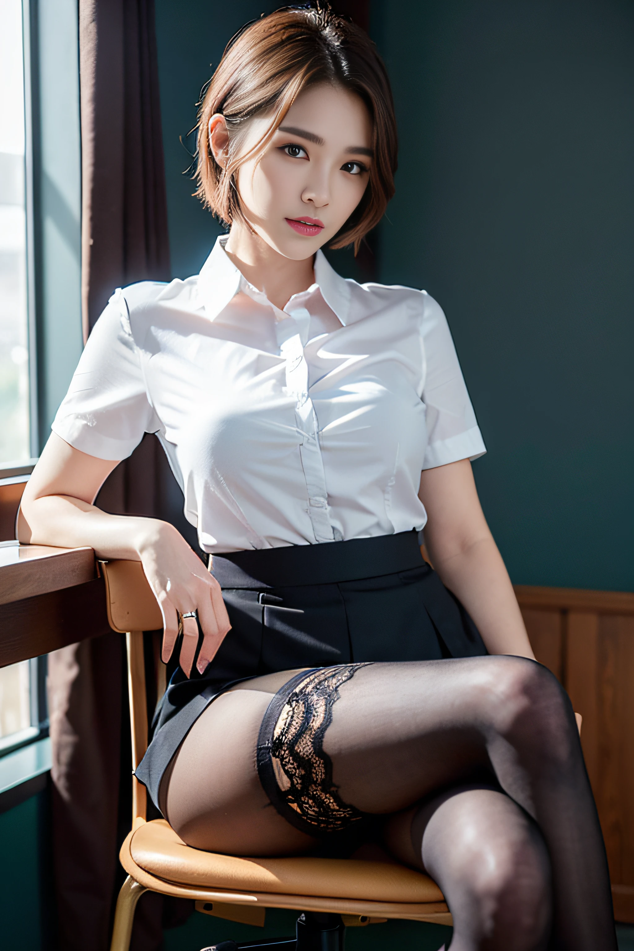 The face is :9,666349256], (Light underwear upper-class elite secretary), sit on chair，working in an office、 (Wear pantyhose)、(Short Layer Hair)、Crossed legs, Wear high-end heels、 (thighhighs and skirt), Shirt secretary, Merchant,  Wear a shirt and skirt, Business attire, business outfit, RAW photo, (8K、top-quality、tmasterpiece:1.2)、(intricately details:1.4)、(Photorealsitic:1.4)、octane renderings、Complex 3D Rendering Ultra Detail,  vibrant detail, super detailing, realistic skin textures, Detal Face, Beautiful detail eyes, Very detailed CG Unity 16k wallpaper, Makeup - makeup, (detailedbackground:1.2), shiny skins、Bare with thighs!!!,