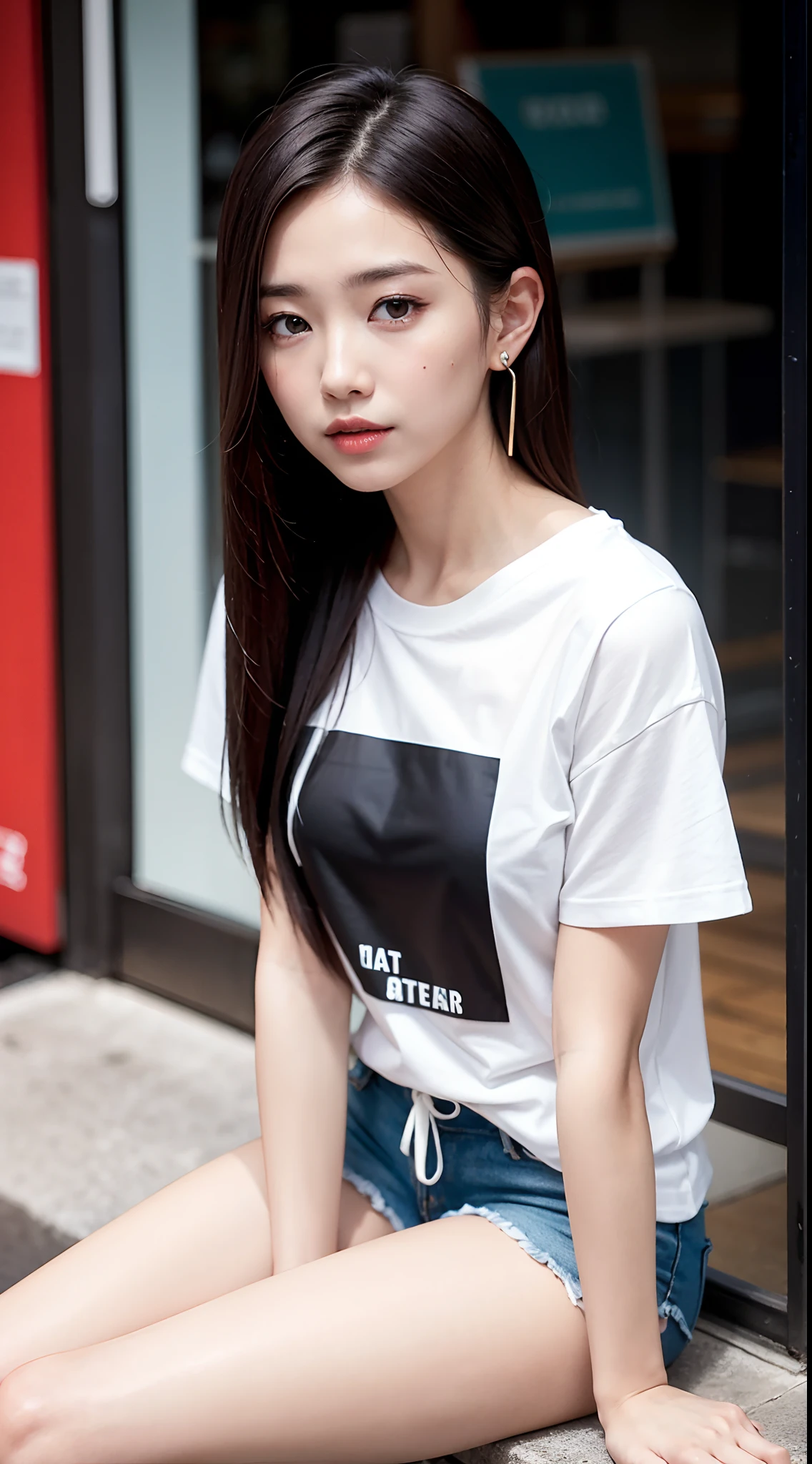 of the highest quality, masutepiece, Ultra high definition, (Real: 1.4), Original photo, (Evening Street), 1 girl, Black eyes, gaze at the audience, Long hair, Light makeup, Lips, small ears, White T-shirt, Denim shorts, earrings, Sitting Ferrari,, slim, neat, Park, (A perfect T-shirt:1.3), No bra、