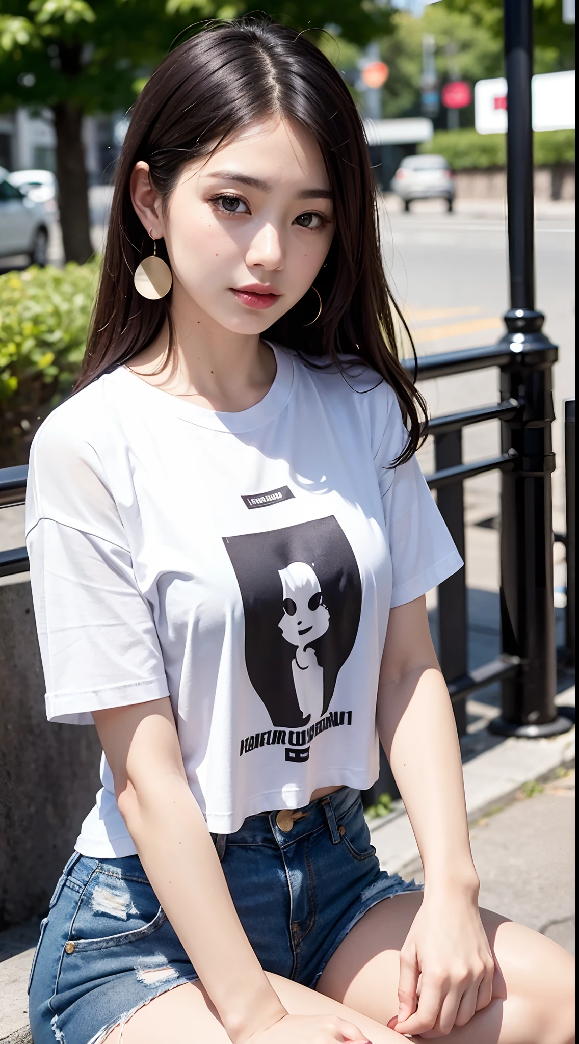 of the highest quality, masutepiece, Ultra high definition, (Real: 1.4), Original photo, (Evening Street), 1 girl, Black eyes, gaze at the audience, Long hair, Light makeup, Lips, small ears, White T-shirt, Denim shorts, earrings, Sitting Ferrari,, slim, neat, Park, (A perfect T-shirt:1.3), No bra、