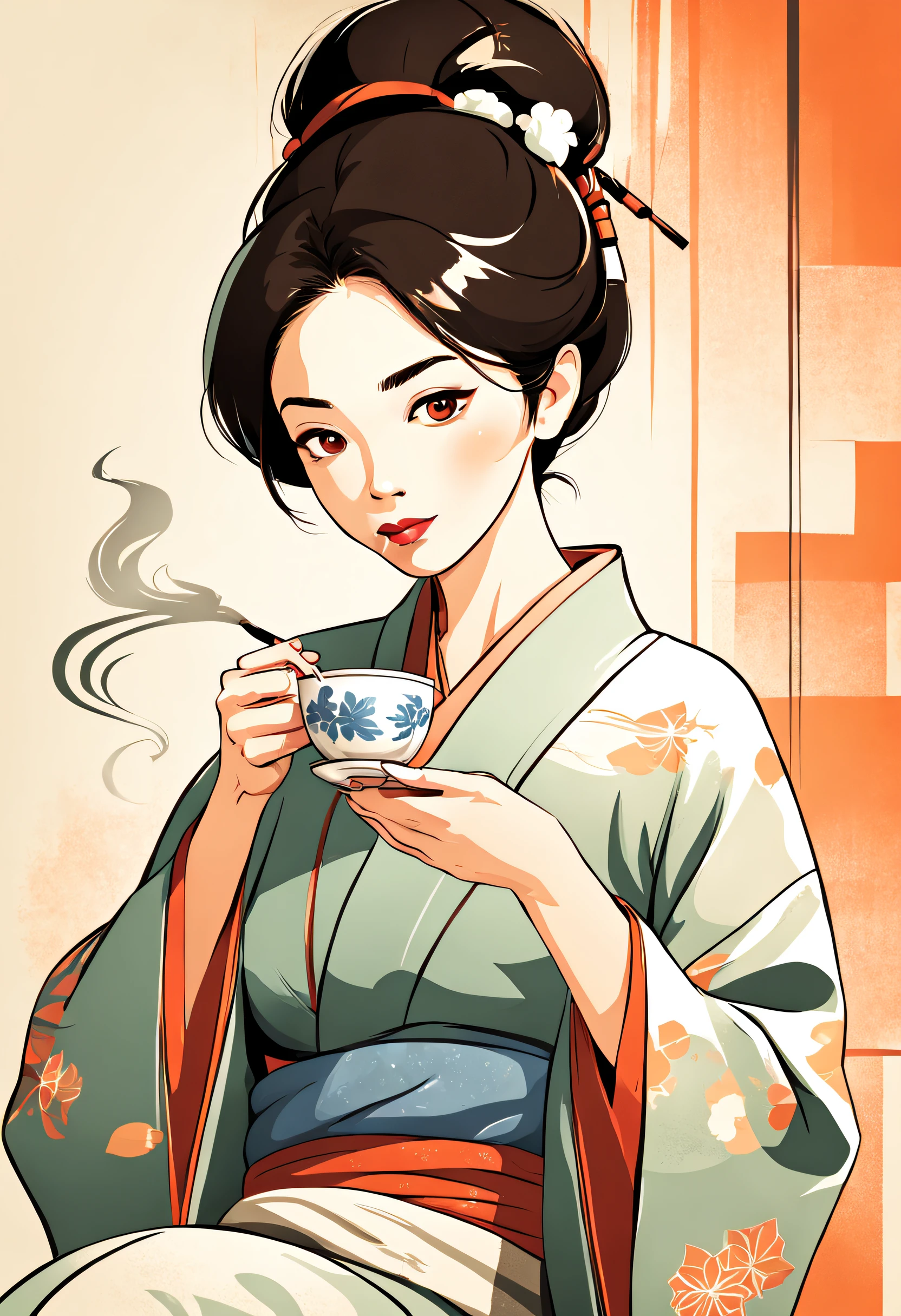 A minimalist portrait of a woman in a kimono drinking a (steaming cup of tea:1.37), vector image, abstract lines,