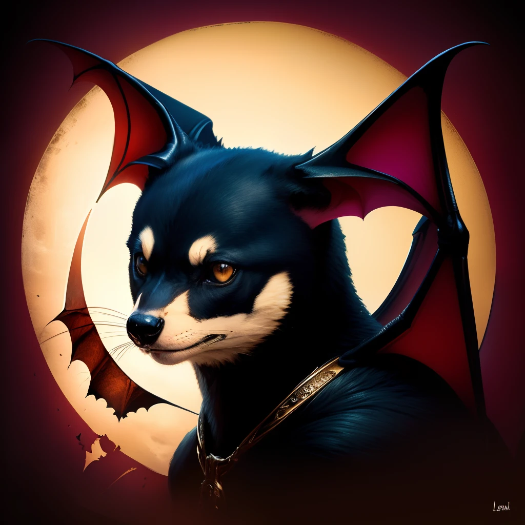 a black rottweiler with big teeth and tender blue eyes, with black angel wings with dragon claws licking his paw dressed in white