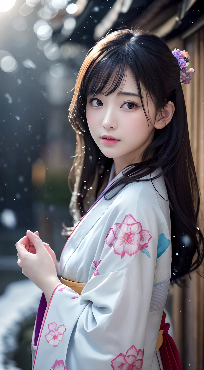 (Kimono)、(top-quality,​masterpiece:1.3,超A high resolution,),(ultra-detailliert,Caustics),(Photorealsitic:1.4,RAW shooting,)Ultra-realistic capture,A highly detailed,high-definition16Kfor human skin、 Skin texture is natural、、The skin looks healthy with an even tone、 Use natural light and color,One Woman,japanes,,kawaii,A dark-haired,Middle hair,(depth of fields、chromatic abberation、、Wide range of lighting、Natural Shading、)、(Exterior light at night:1.4)、(Falling snow:1.2)、(Hair swaying in the wind:1)、(Light reflecting snow:1.3)