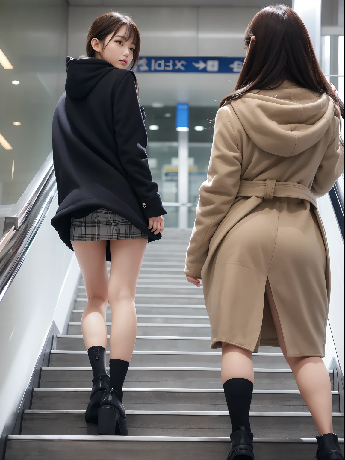 Uphill on the escalator skirt、short coat、Lower body close-up、looks from behind、The camera angle is very low、Slouched、Slouched、Protruding buttocks