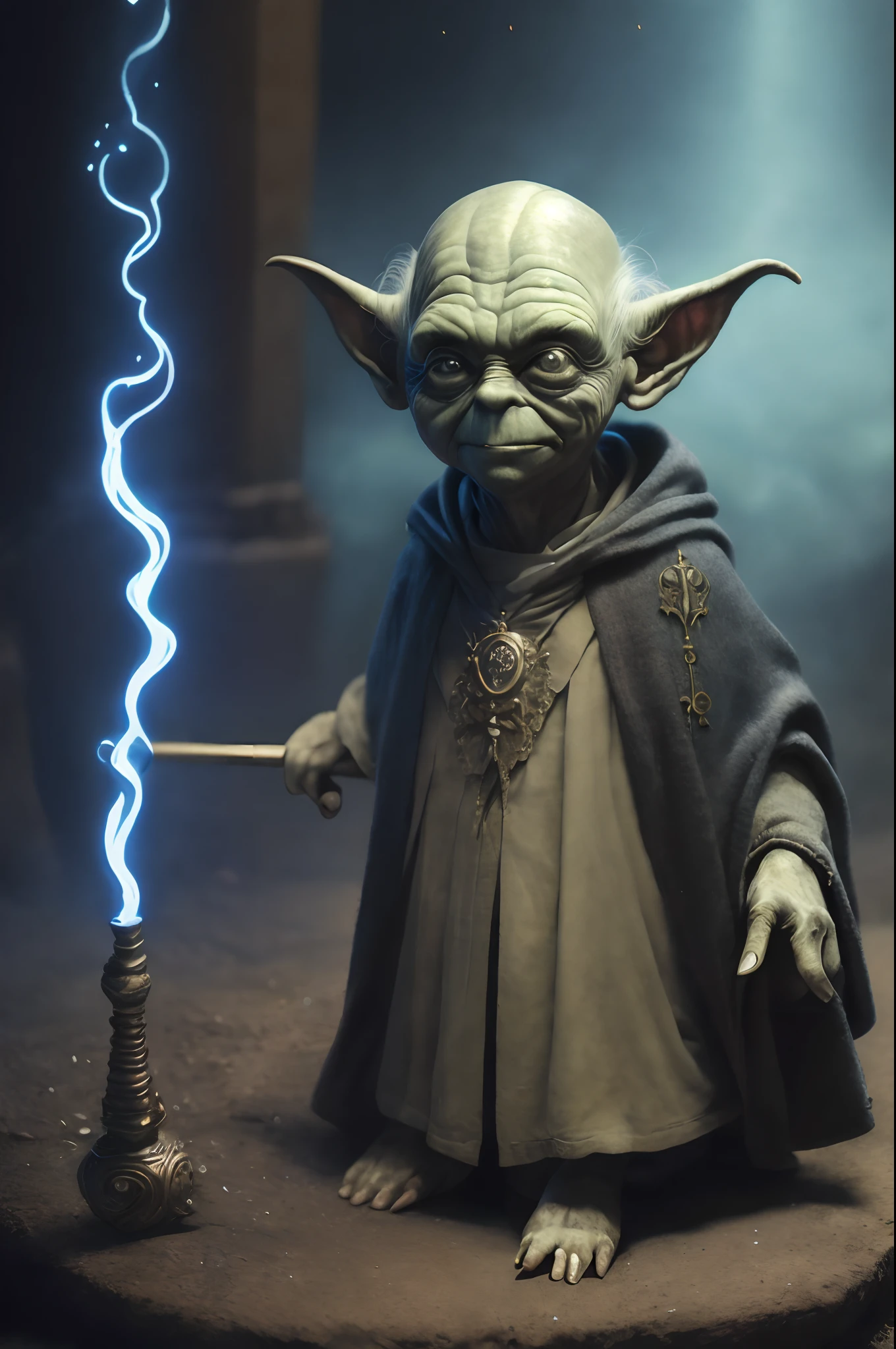 (realistic photo:1.5), (((high resolution photo))), (((extremely detailed))), ((masterpiece)), dramatic shadows, depth of field, 35 mm, (((best quality))), (realistic: 1.4), (Yoda but Voldemort), in Hogwarts, Magic school, mantle, magic wand, full body shot, wide lens, detailed face, wet eyes, weary eyes, fine eyes, brightly colored eyes, bioluminescence, fantasy aura, cinematic, by Greg Rutkowksi