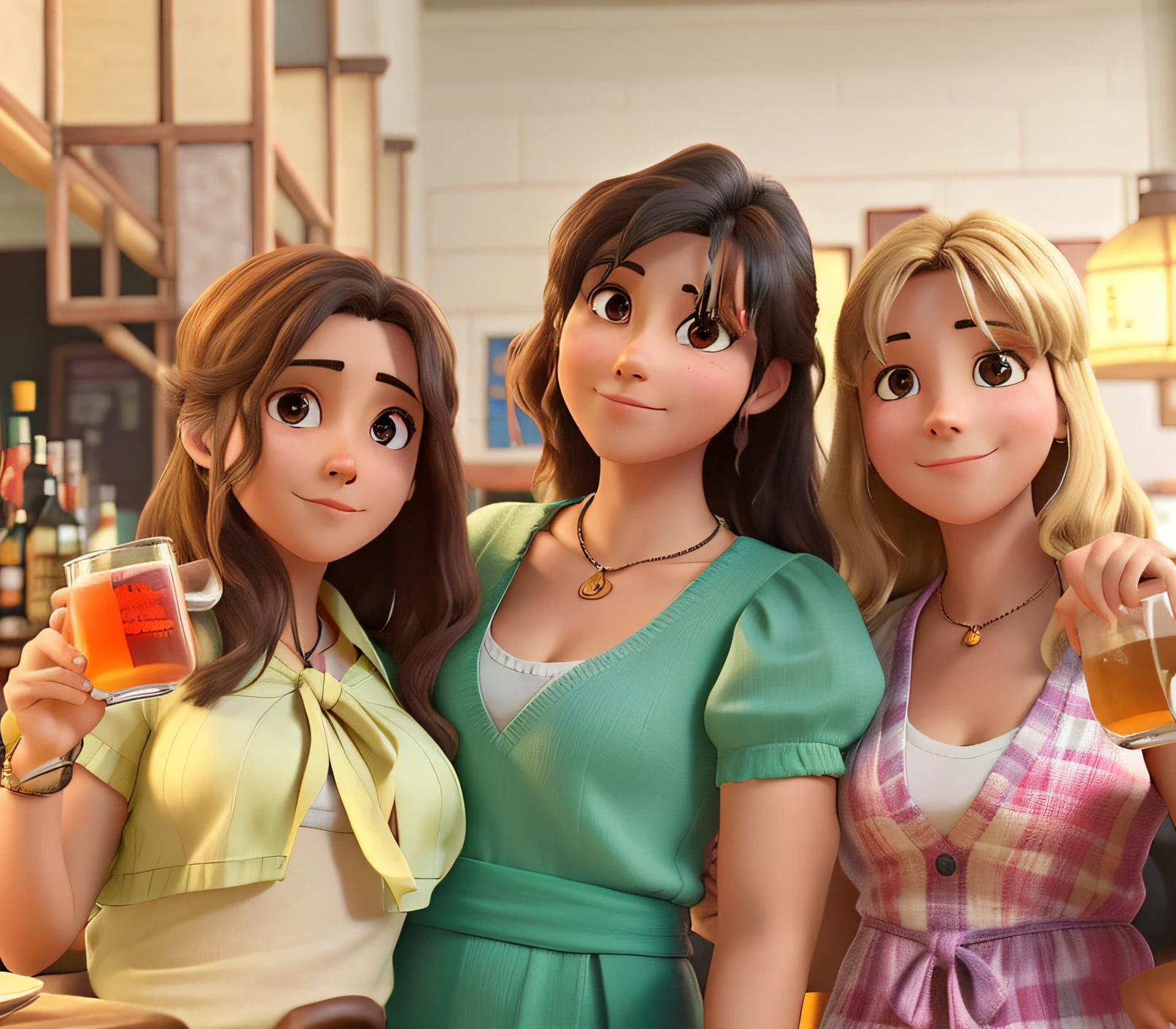 Three friends standing in a bar taking a picture. Do not appear more than one hand.