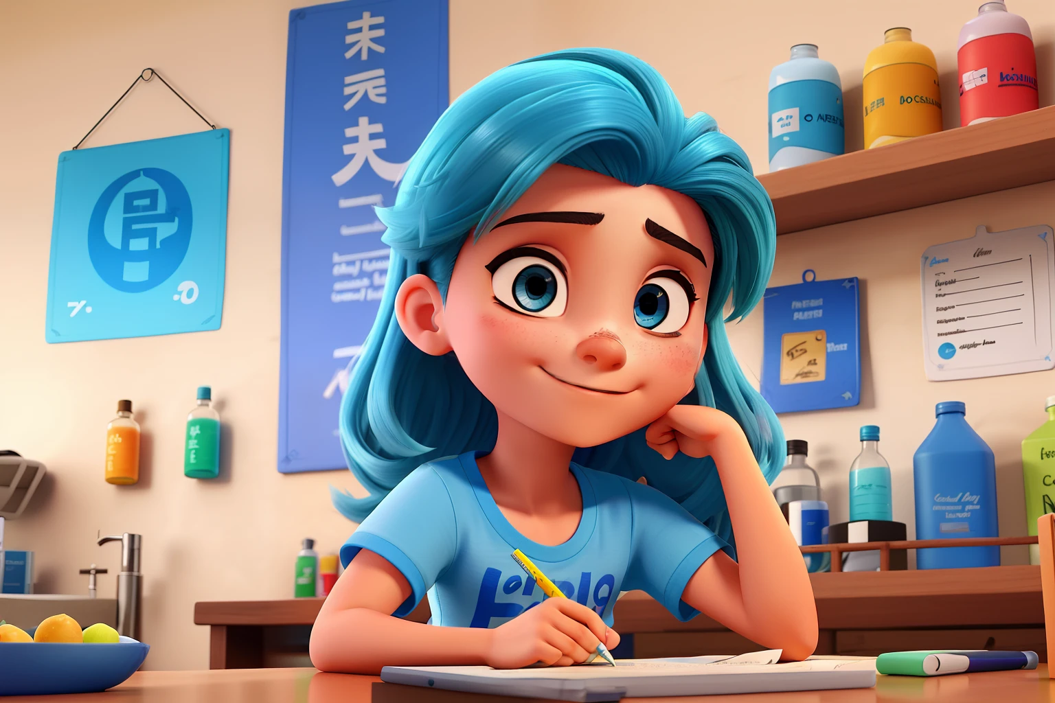 Adolescente loira, de cabelos compridos e lisos, de olhos castanhos, sorrindo, de camiseta azul marinho, With his forearms bared, on one arm it is written medicine and on the other forearm it is written UMC. On her forehead is written MED