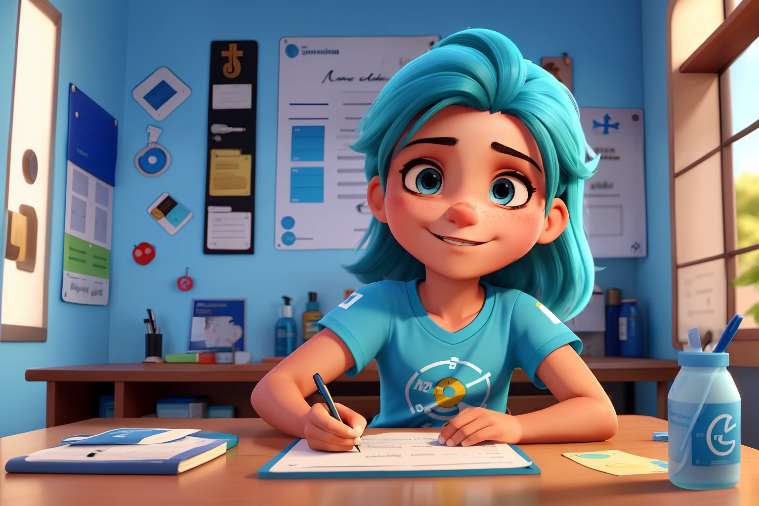 Adolescente loira, de cabelos compridos e lisos, de olhos castanhos, sorrindo, de camiseta azul marinho, With his forearms bared, on one arm it is written medicine and on the other forearm it is written UMC. On her forehead is written MED