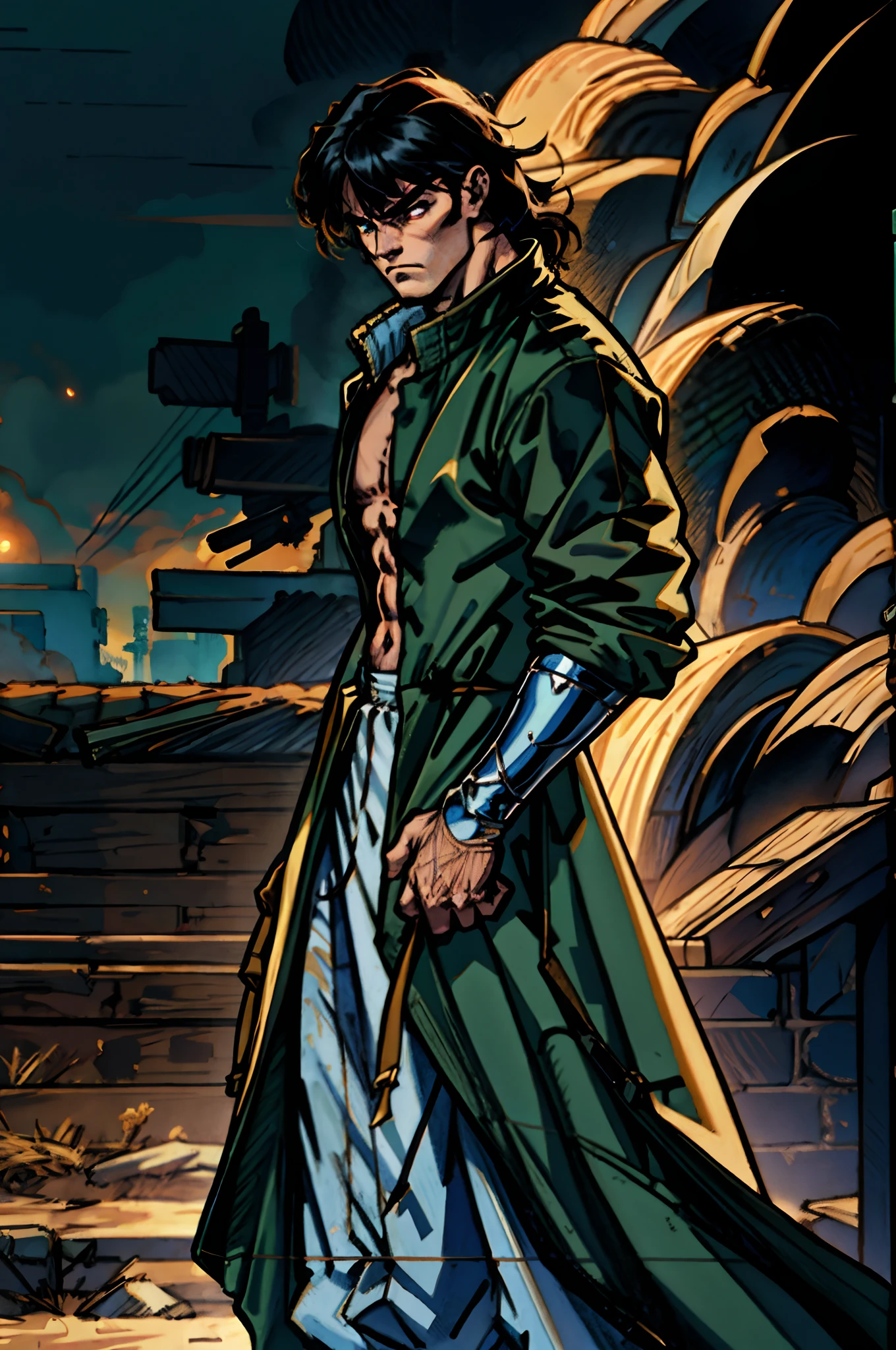 A young man, long black hair, his hair bangs hanging down to cover his eyes, a forlorn expression, head bowed, a long windbreaker coat, rolled-up sleeves, the windbreaker open, revealing his sturdy chest and abdominal muscles, loose coarse cloth trousers, the waist of the trousers reaching the navel, hands inserted into the pockets of the coat, he stands in the dimly lit night on a medieval street in a fantasy-style setting, this character embodies a finely crafted fantasy-realistic style ronin in anime style, characterized by an exquisite and mature manga illustration art style, high definition, best quality, highres, ultra-detailed, ultra-fine painting, extremely delicate, professional, anatomically correct, symmetrical face, extremely detailed eyes and face, high quality eyes, creativity, RAW photo, UHD, 8k, Natural light, cinematic lighting, masterpiece-anatomy-perfect, masterpiece:1.5