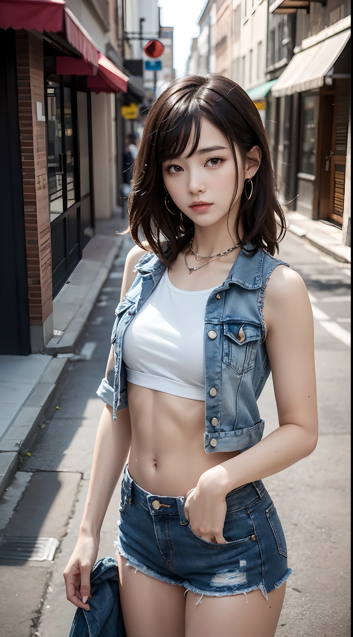 ((Medium chest, Long hair, small head)), Daylight, Sunlight, (well-defined abs: 1.1), (Perfect body: 1.1), (short wavy hair: 1.2), Make-up、Russet Hair, Collar, chain, Full body photo, Shabby street, wearing a black tank top, Denim jacket, ((Shorts)), (Very detailed CG 8k wallpaper), (Extremely delicate and beautiful), (masutepiece), (Best Quality: 1.0), (Hyper-Resolution: 1.0), Beautiful lighting, Perfect Lightning, Realistic Shadows, [High resolution], detailed skins, ultra-detailliert