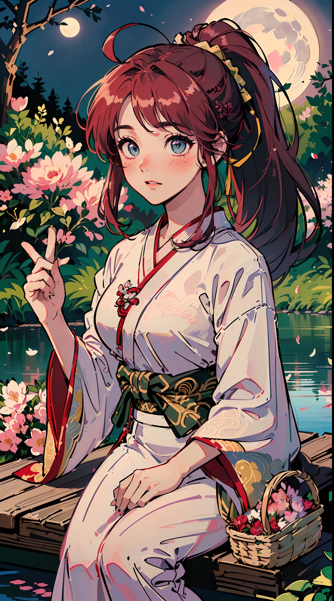 (((((((a large basket of flower,Blushing,winked,cute cheeks,burgundy hair，black intricate brocade hanfu))))))，((1girl,Solo,under-aged,11years old,short,Amazing,Cute Korean mixed-race girl，rosto magro,))(Masterpiece,Best quality, offcial art, Beautiful and aesthetic:1.2),((HD,Golden ratio,)) (16k),((sakura petals)),(Physically-based rendering),((((forest,outdoor,pond scenery, dappled moonlight,at night,)))) (((highdetailskin,)))，((sitting)),((((detailed hairs|long hair|half bangs|knot top|high ponytail|ahoge)))),Slender,thicc,(masterpiece sidelighting),(The sheen),(Beautiful hair,Beautiful eyes,）[[Delicate fingers and hands:0.55]::0.85],(Detail fingers),(((Superior quality,)))),((unbelievable Ridiculous quality,)),((extremely_Detailed_Eyes_and_face)),Movie girl,(Dynamic configuration: 1.2),Brilliant, (Photorealistic), ((pink ribbon on hair)),Ultra-precise depiction, Ultra-detailed depiction,Bauhaus