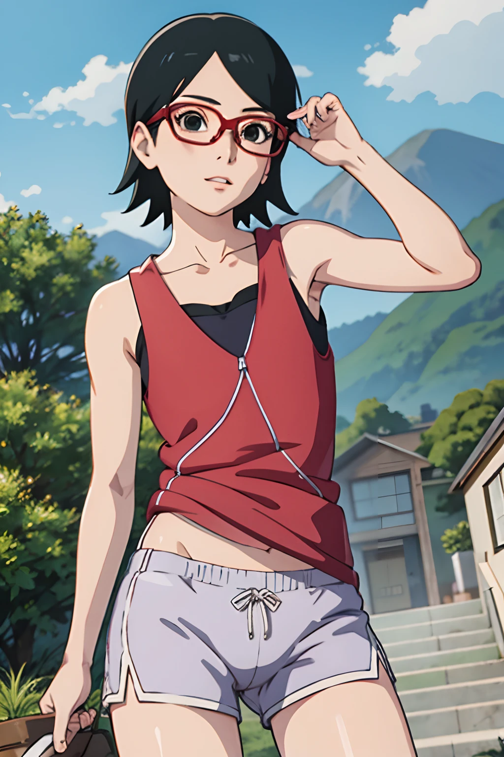 masterpiece, best quality, 1girl,beidoudef, moist skin, detail skin, dolphin shorts,bra under tank top, bra, tank top, sleeveless, ghibli style, outdoors, village, konoha, naruto, cowboy shot, standing, cameltoe, wet, sarada uchiha, glasses, short hair, small breast, small ass, small hips, small thighs, black eyes, black hair