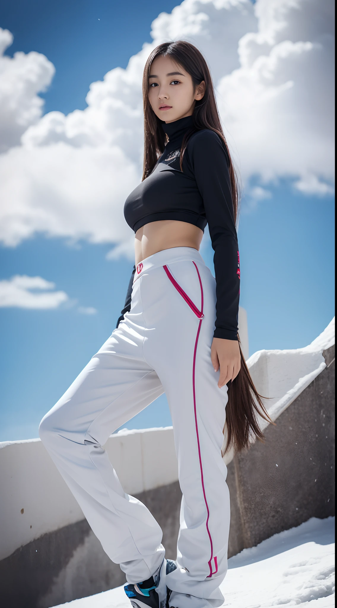 Female1, frontage, Long hair, tight skirt, Huge clouds, I can see a little panties, Big, Pabu gloss, 8K, Hand detail, Details, Detailed Eyes, perfect body figure, Voluminous body, Sexy Snowboard Uniforms, Dolphin pants, smaller face, Detailed face, perfect faces, large full breasts, Small Hands,