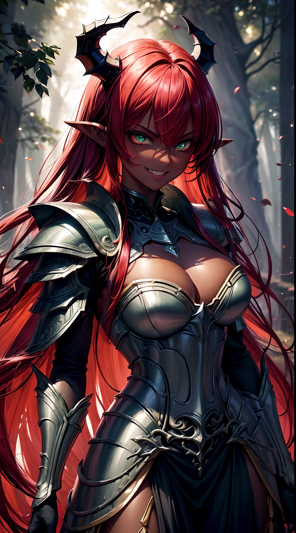 (best quality,masterpiece:1.2),1girl,adult,demon-girl,demon princess,(red hair,dark skin,green eyes:1.1),pointy ears,cute face,smiling,looking up,upper body,hair strand,fair skin,royal armor,illustration,detailed eyes,detailed lips,intense gaze,(laugh expression:1.5),flowing hair,ornate armor,shimmering textures,(forest background:1.5),vibrant colors,sharp focus,powerful presence,luminous lighting,mythical atmosphere,battle vibes,sinister beauty,haunting aura,fierce determination,commanding stance