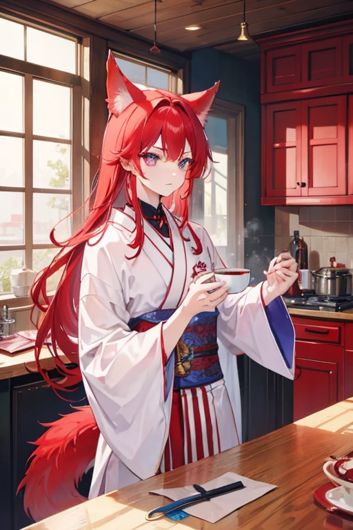 A muscular red haired male warrior with colorful eyes with red wolf ears and a red wolf tail in a kimono is drinking hot tea in the kitchen.