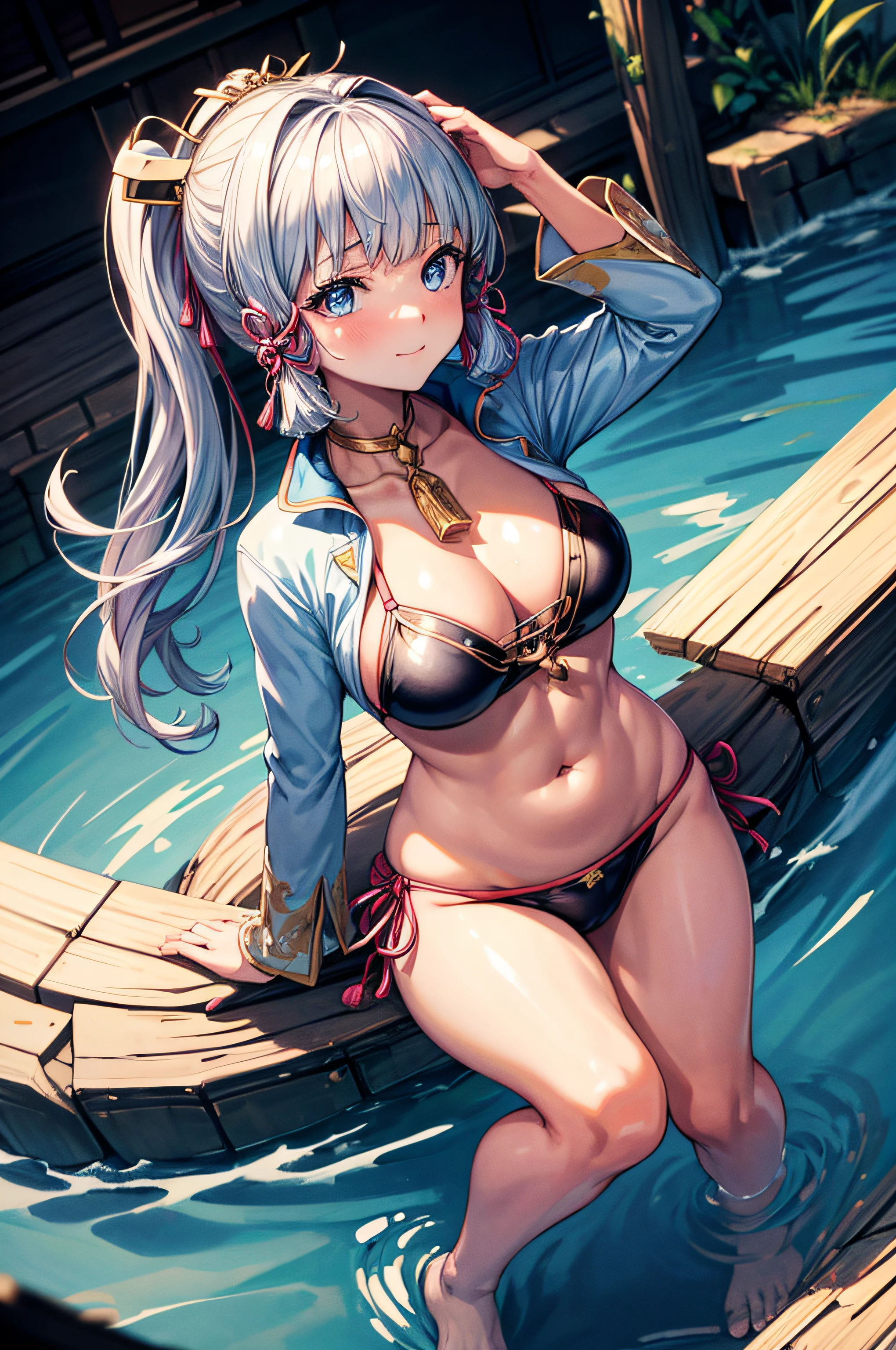 (((masterpiece))), 4k resolution, highly detailed, (((extremely detailed eyes))), detailed background, luminous lighting, crystal clear eyes, high quality, high resolution, ultra-detailed, 8k, best quality, (1girl), ground, shadow, backlight, light particles, thick filters, wide sleeve, (thick muscular thighs), (masterpiece: 1.3), (best quality: 1.2), (super fine illustrations: 1.2 ), (masterpiece), (masterpiece), high quality, high detail,(SOLO:1.4),((round image)), 1girl, kamisato ayaka, smile, blush, closed mouth, thick, medium breasts, traditional Japanese house, from above, thick and muscular thighs, muscular belly, (((in a very short bikini))), standing, barefoot,