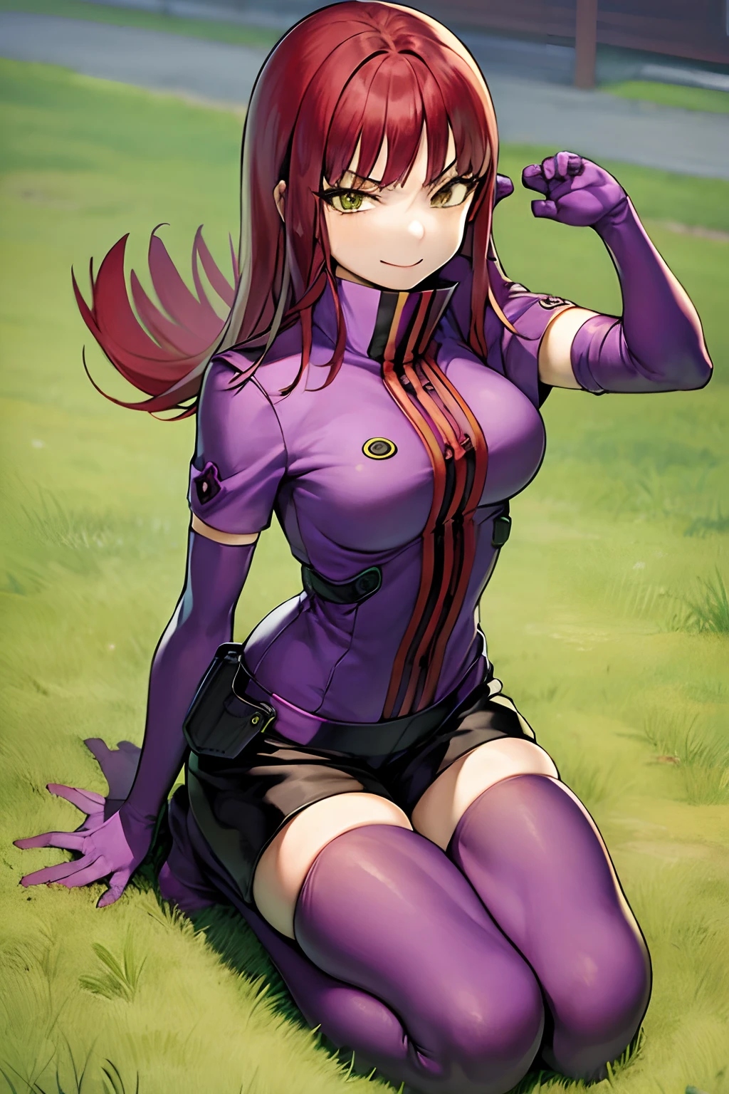 masutepiece, Best Quality, absurderes, Perfect Anatomy, 1girl in, Solo, Yoko Katori, Long hair, purple thighhighs, elbow groves, Purple gloves, Black shorts, uniform, thigh holster, Kneeling, Smile,
