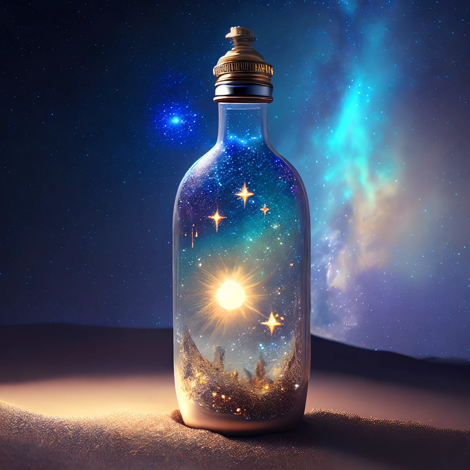glass bottle sitting on top of a table| a photorealistic painting| pixels| conceptual art| stars and galaxies| highly detailed perfect render| light effect| modern fantasy| glittering multiversal ornaments| universe in a grain of sand| photo manipulation| beautiful composition
