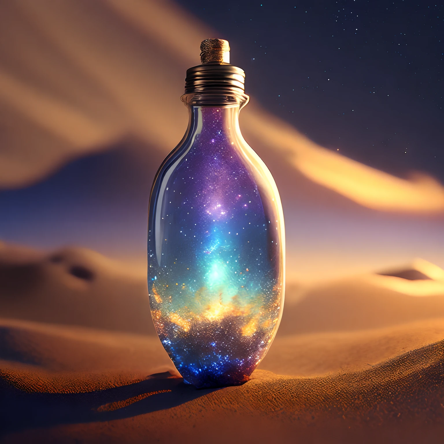 glass bottle sitting on top of a table| a photorealistic painting| pixels| conceptual art| stars and galaxies| highly detailed perfect render| light effect| modern fantasy| glittering multiversal ornaments| universe in a grain of sand| photo manipulation| beautiful composition