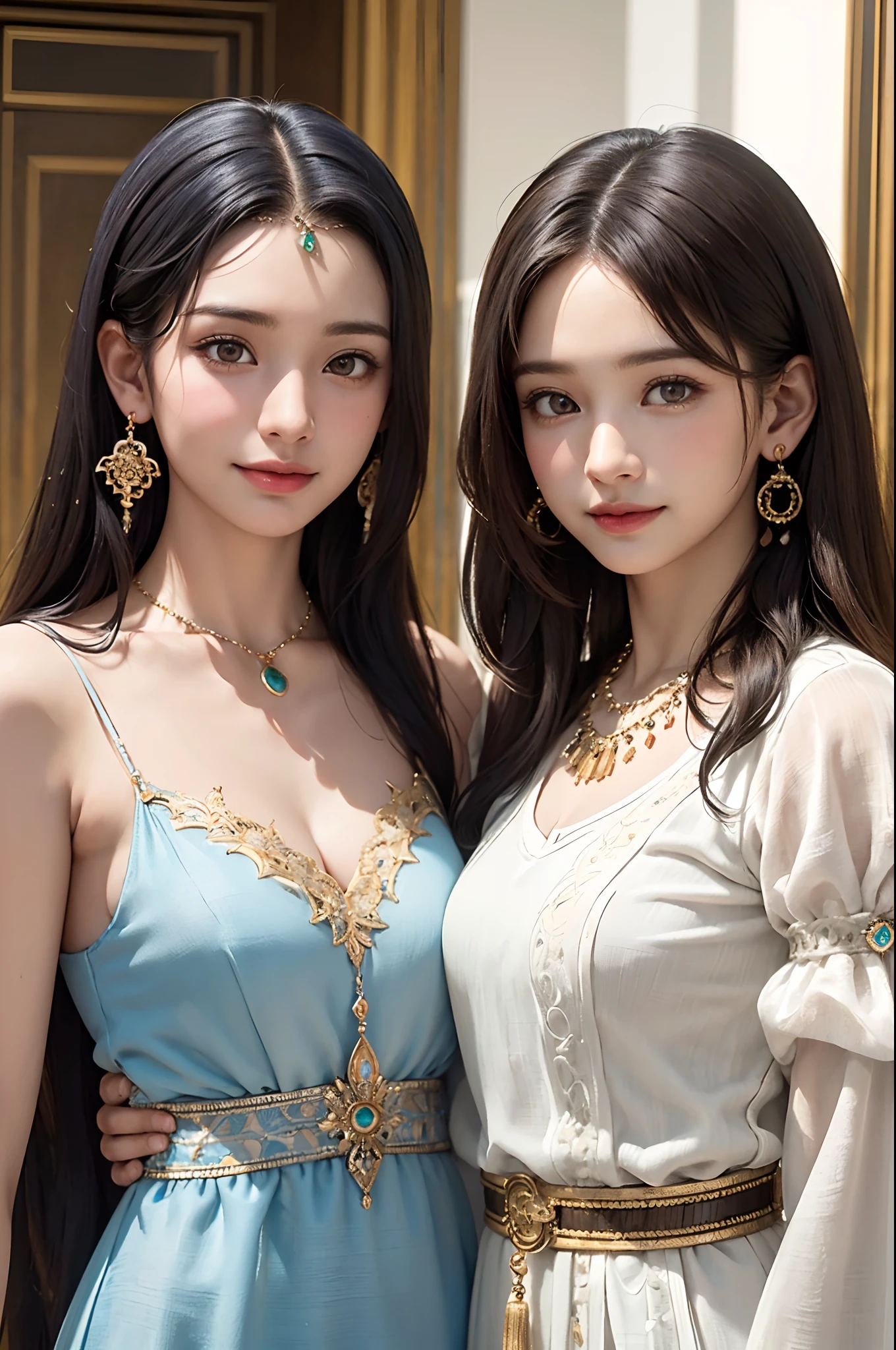 two Omani beauties,(masterpiece, best quality), (photo realistic), (intricate detail, Detailed Face), HDR,
front view, Look at the camera,
Light smile,
variety of hairstyles,
Various earrings,
Variety of necklaces,
Various bracelets,
wide hip:0.4,