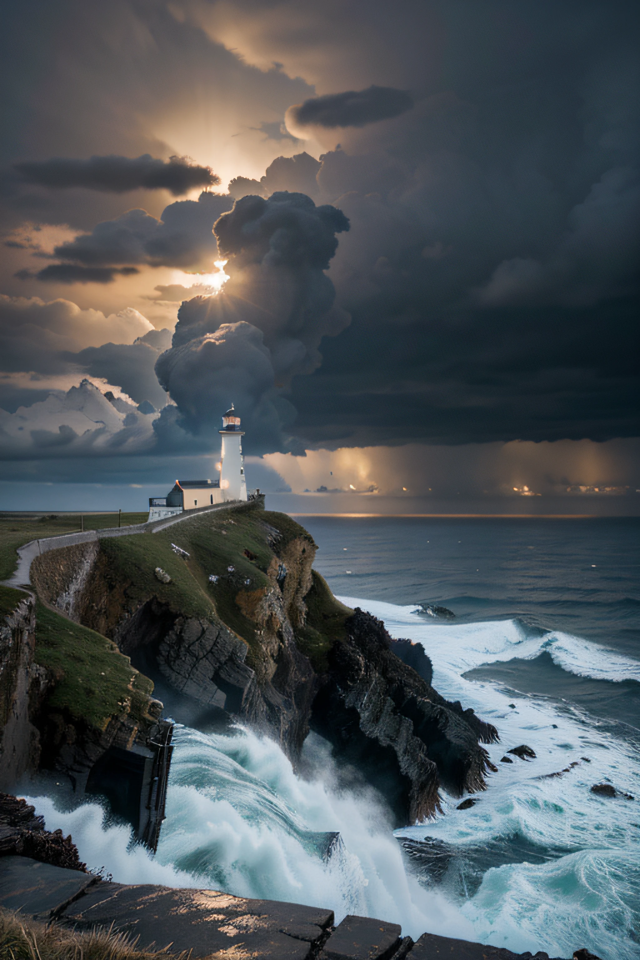 A solitary lighthouse standing guard on a rugged cliff, with crashing waves below and a stormy sky overhead. 1 light house only.