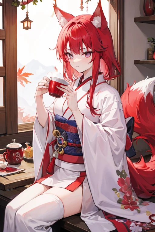 A muscular red haired male samaurai with colorful eyes with red wolf ears and a red wolf tail in a kimono is drinking hot tea in the kitchen.