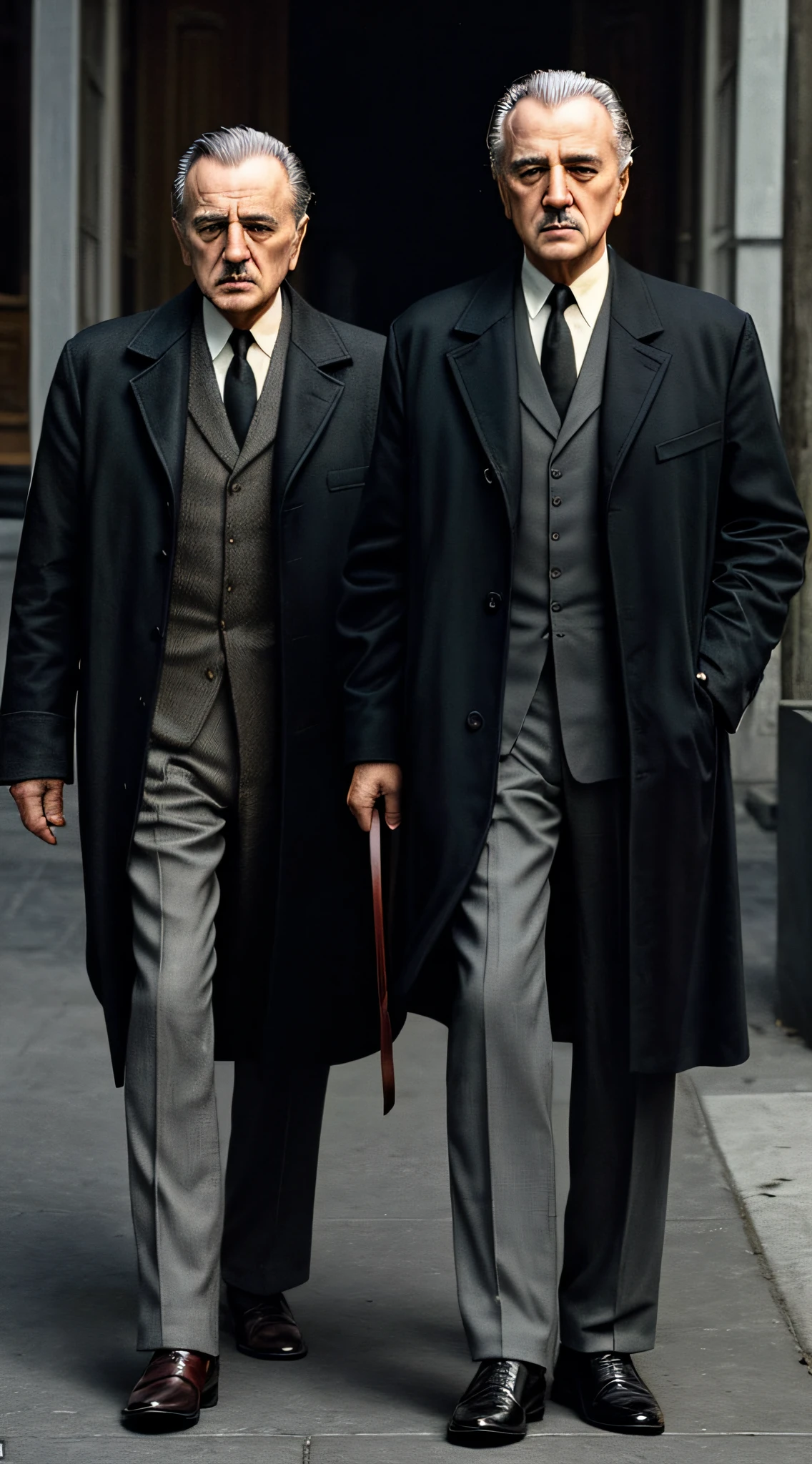 there are two old men walking down the street with a dog, high quality film still, style of the godfather , full color still, in style of vito corleone, still from the movie, movie film still, medium shot of two characters, style of seb mckinnon, two young men, promo still, still from a live action movie, movie filmstill