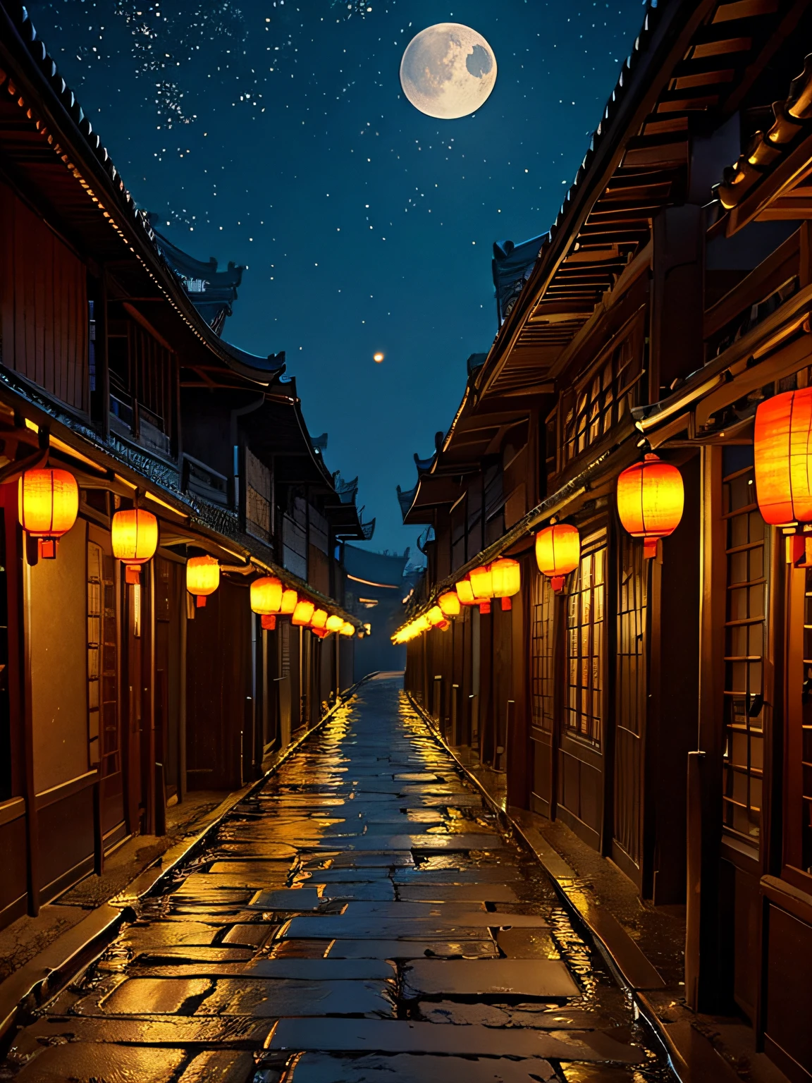Official Art, Ancient China, Ancient Streets, (Lots of Fireflies), (Night), (Moon), Lights, Beautiful Landscapes, Epic Landscapes, Realistic Lighting, Masterpieces, High Quality, Beautiful Graphics, High Detail, Global Illumination, Unreal Engine Rendering, Octane Rendering, (HDR:1.3)