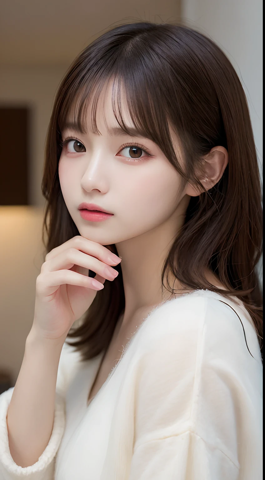 masutepiece, Best Quality, Illustration, Ultra-detailed, finely detail, hight resolution, 8K Wallpaper, Perfect dynamic composition, Beautiful detailed eyes, Wearing fluffy homewear,small tits,Natural Color Lip, kawaii pose,20 years girl、Cute、is looking at the camera,Background blur,KPOP Idol Face,a room