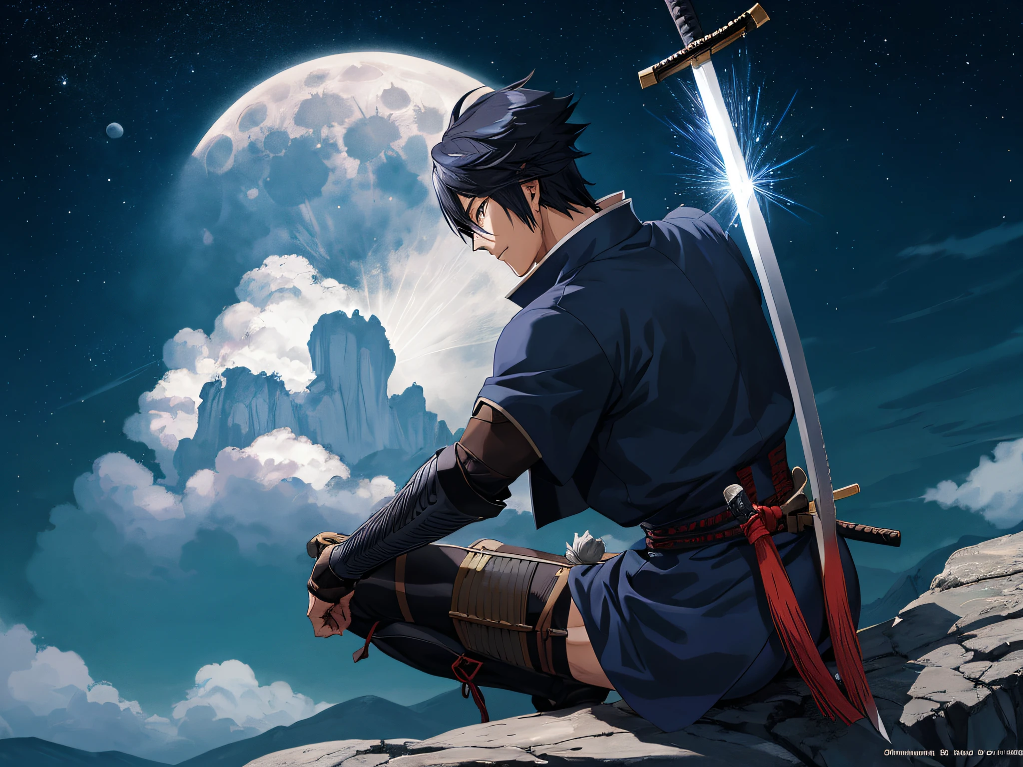 anime man sitting on rock with sword and full moon in background, handsome guy in demon slayer art, official art, shikanosuke yagaki, masamune shiro, moon bull samurai, sengoku - era art style, shigenori soejima illustration, official illustration, samurai man vagabond, tsurumaki kazuya, official anime artwork
