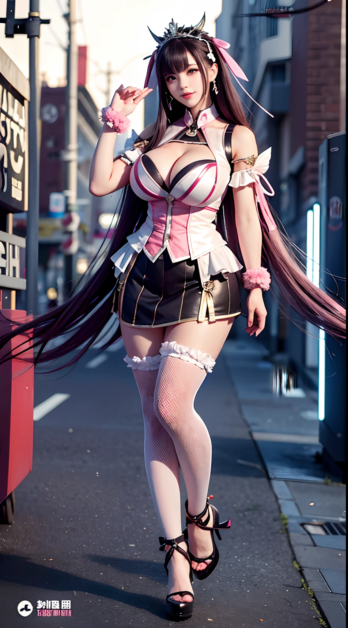 32k clarity,full body shot shot,High bitrate,8K分辨率,1. Extremely tall, strong, plump, sexy ,sliver long hair,Extra-large thick breasts,Extraordinarily thick big breasts,Elongated waist,Exaggerated huge thick fat buttocks,Particularly wide fat buttocks,Super long big thick legs,Extremely thick leg muscles,cyber punk style,A beautiful face,Touching smile,Feminine expression,big breasts exposed cleavage,tiara crown,Graffiti on the face,Facial graffiti,Extra-large big breasts,short skirt,pink ta,Ribbon,stocklings,Mechanical structure high heels,Long thick legs,Stand up,Fantastic city backdrop,full body shot shot。