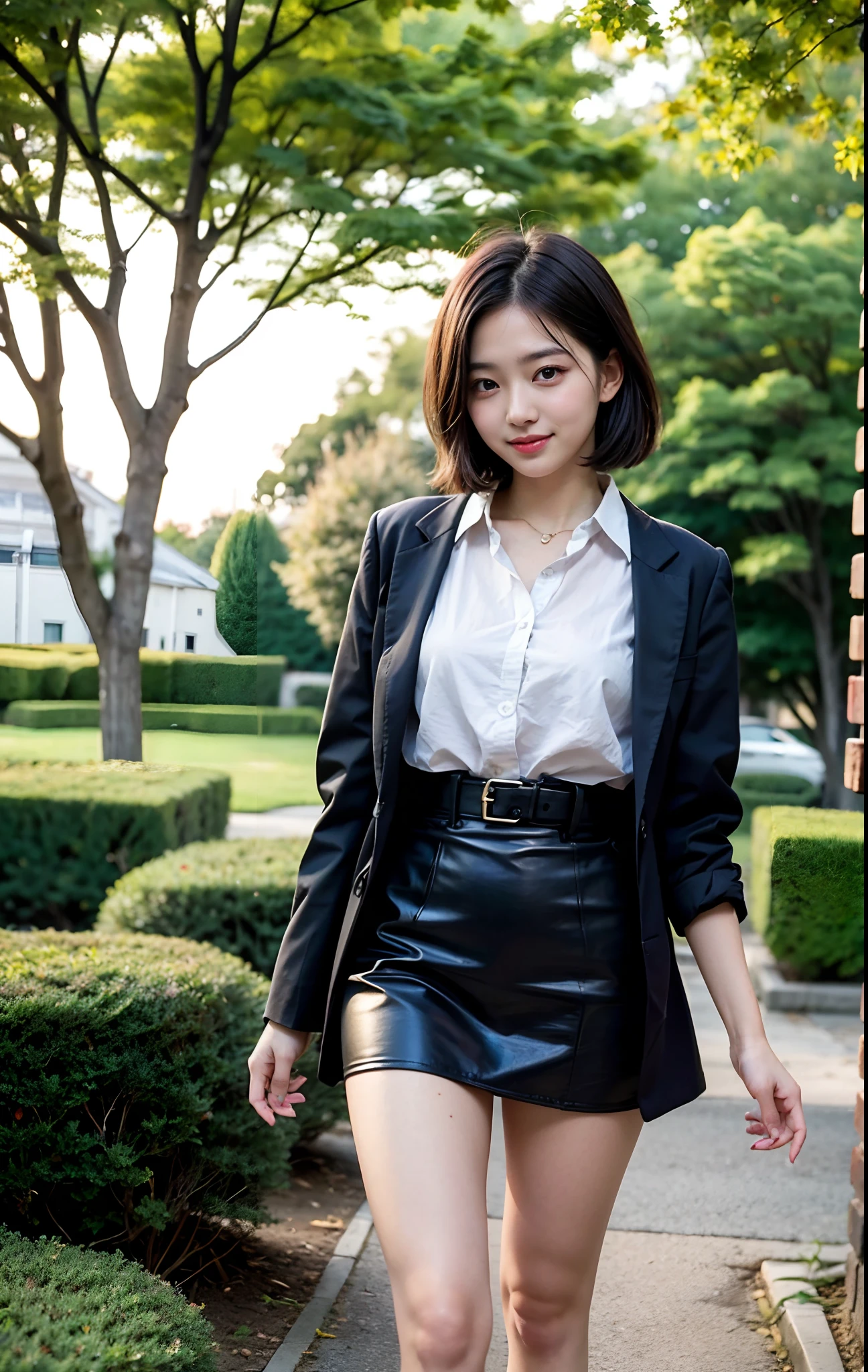 (Masterpiece), Best Quality, high resolucion, highly detaild, detailed background, perfect light, 1girl solo, bangss, Korean Girl, 20 yo, high resolucion, Solo, a garden, sunset,Black hair, Short hair, Water,Eye Smile,Lip smile,{beautiful-detailed eyes},calm expression,Slim Body,Medium Natural Breasts, charm,Full_Body, Karina, school uniformss, Short skirt, Standing,
unbuttoned shirt,Real hands,DetailPace,Carinalorash
