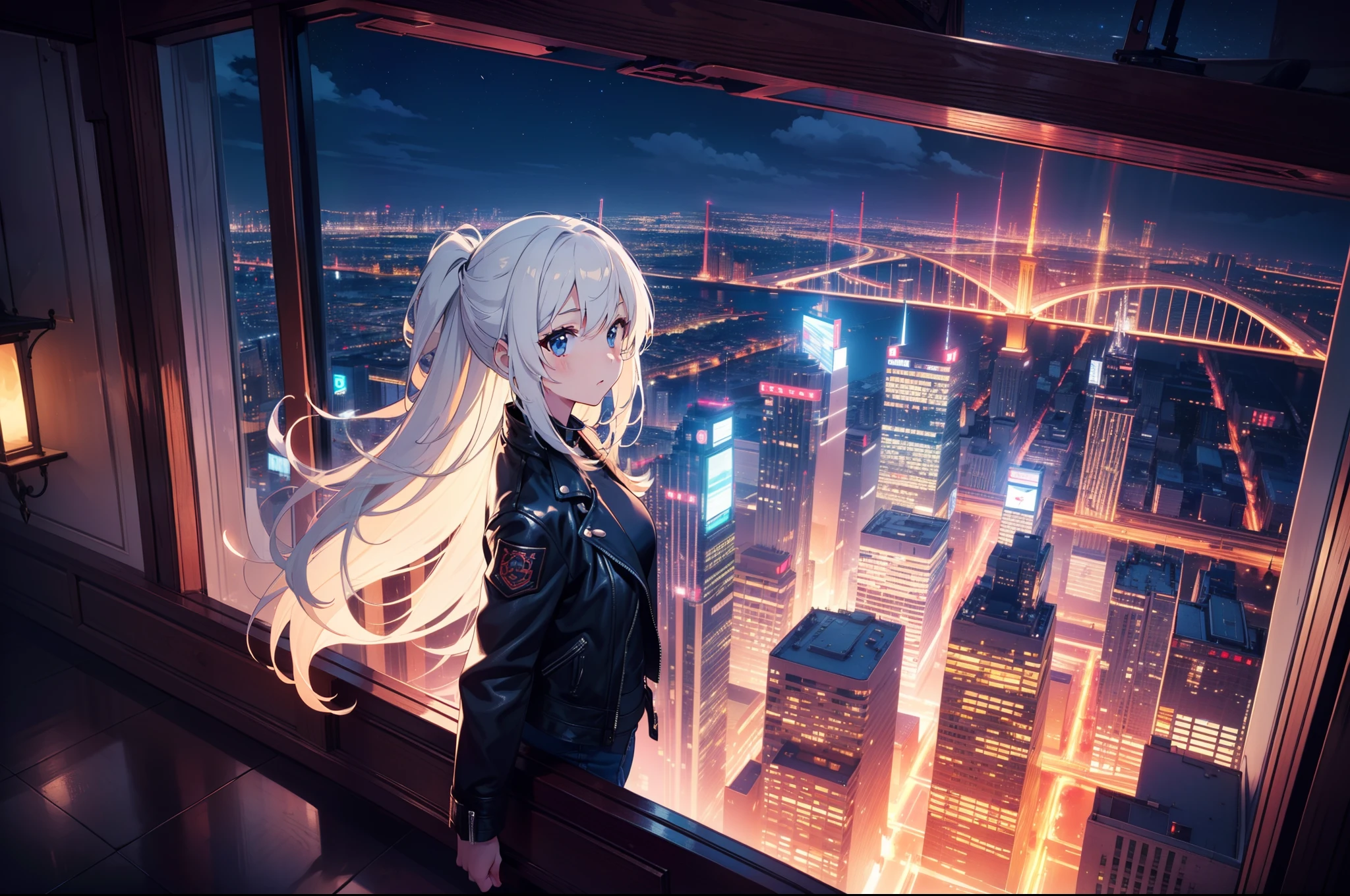 1 cute girl, floating hair, upper body, leather jacket , ((wide shot)) , (from above:0.8), cinematic lighting , (background beautiful million-dollar night view), ((masterpiece)), ((best quality)), ((ultra-detailed)), (illustration), ((an extremely delicate and beautiful))