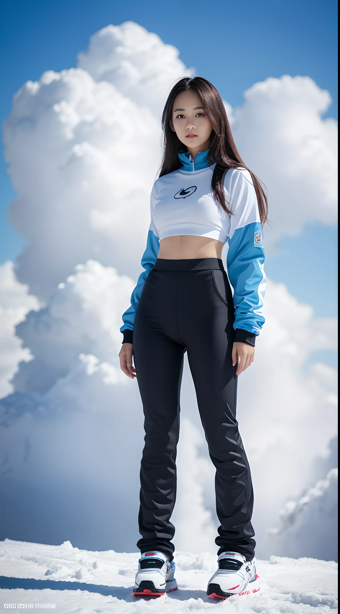 Female1, frontage, Long hair, tight skirt, Huge clouds, I can see a little panties, Big, Pabu gloss, 8K, Hand detail, Details, Detailed Eyes, perfect body figure, Voluminous body, Sexy Open Snowboard Uniform, Dolphin pants, smaller face, Detailed face, perfect faces, large full breasts, Small Hands,