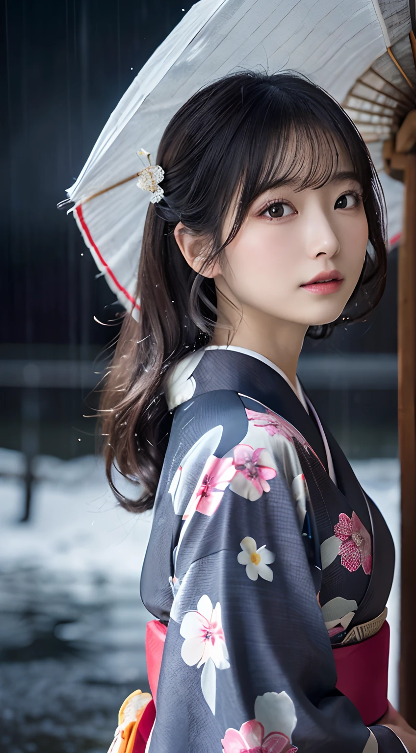 (Kimono)、(top-quality,​masterpiece:1.3,超A high resolution,),(ultra-detailliert,Caustics),(Photorealsitic:1.4,RAW shooting,)Ultra-realistic capture,A highly detailed,high-definition16Kfor human skin、 Skin texture is natural、、The skin looks healthy with an even tone、 Use natural light and color,One Woman,japanes,,kawaii,A dark-haired,Middle hair,(depth of fields、chromatic abberation、、Wide range of lighting、Natural Shading、)、(Exterior light at night:1.4)、(Falling snow:1.2)、(Hair swaying in the wind:1)、(Light reflecting rain:1.3)