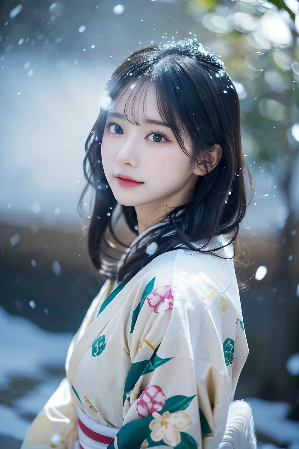 (Kimono)、(top-quality,masterpiece:1.3,超A high resolution,),(ultra-detailliert,Caustics),(Photorealsitic:1.4,RAW shooting,)Ultra-realistic capture,A highly detailed,high-definition16Kfor human skin、 Skin texture is natural、、The skin looks healthy with an even tone、 Use natural light and color,One Woman,japanes,,kawaii,A dark-haired,Middle hair,(depth of fields、chromatic abberation、、Wide range of lighting、Natural Shading、)、(Falling snow:1.2)、(Hair swaying in the wind:1.2)、(Light reflects snow:1.2)