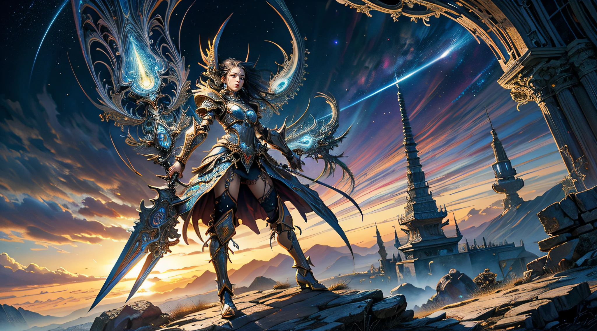 (masterpiece, top quality, best quality, official art, beautiful and aesthetic:1.2), (1girl), extreme detailed,(fractal art:1.3),colorful,highest detailed, fantasy,Ancient armor,wielding a sword