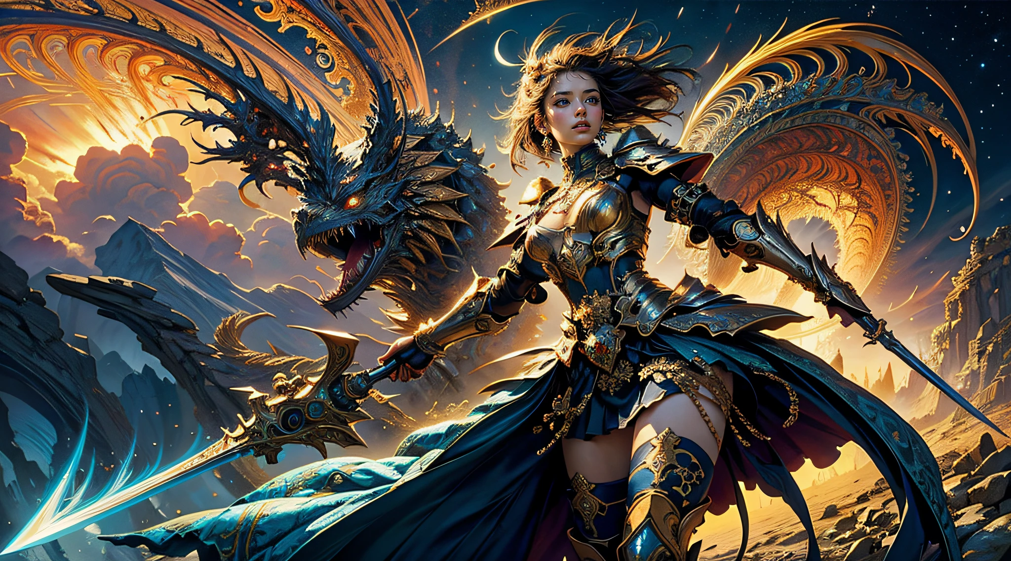 (masterpiece, top quality, best quality, official art, beautiful and aesthetic:1.2), (1girl), extreme detailed,(fractal art:1.3),colorful,highest detailed, fantasy,Ancient armor,wielding a sword