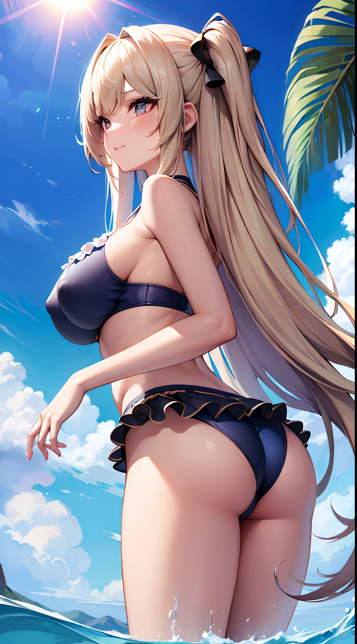 ((Best Quality)), (ultra-detailliert), ((Extremely detailed)), (Beautiful), ((Kawaii Girl)), ((UHD)), (masterpiece), (high quality), (best quality), (4K), (high quality), 1, solo girl, 1girl, ((platinum blond hair)), parted bangs, ((hair intakes)), long hair, (hair two side up long), ((jade colored eyes)), slanted eyes, large breasts, slender body, lite blue frilled bikni, (strings frilled) bikini, Pool Background, (blue sky:1.3), solar, sunlight, anime, ;D