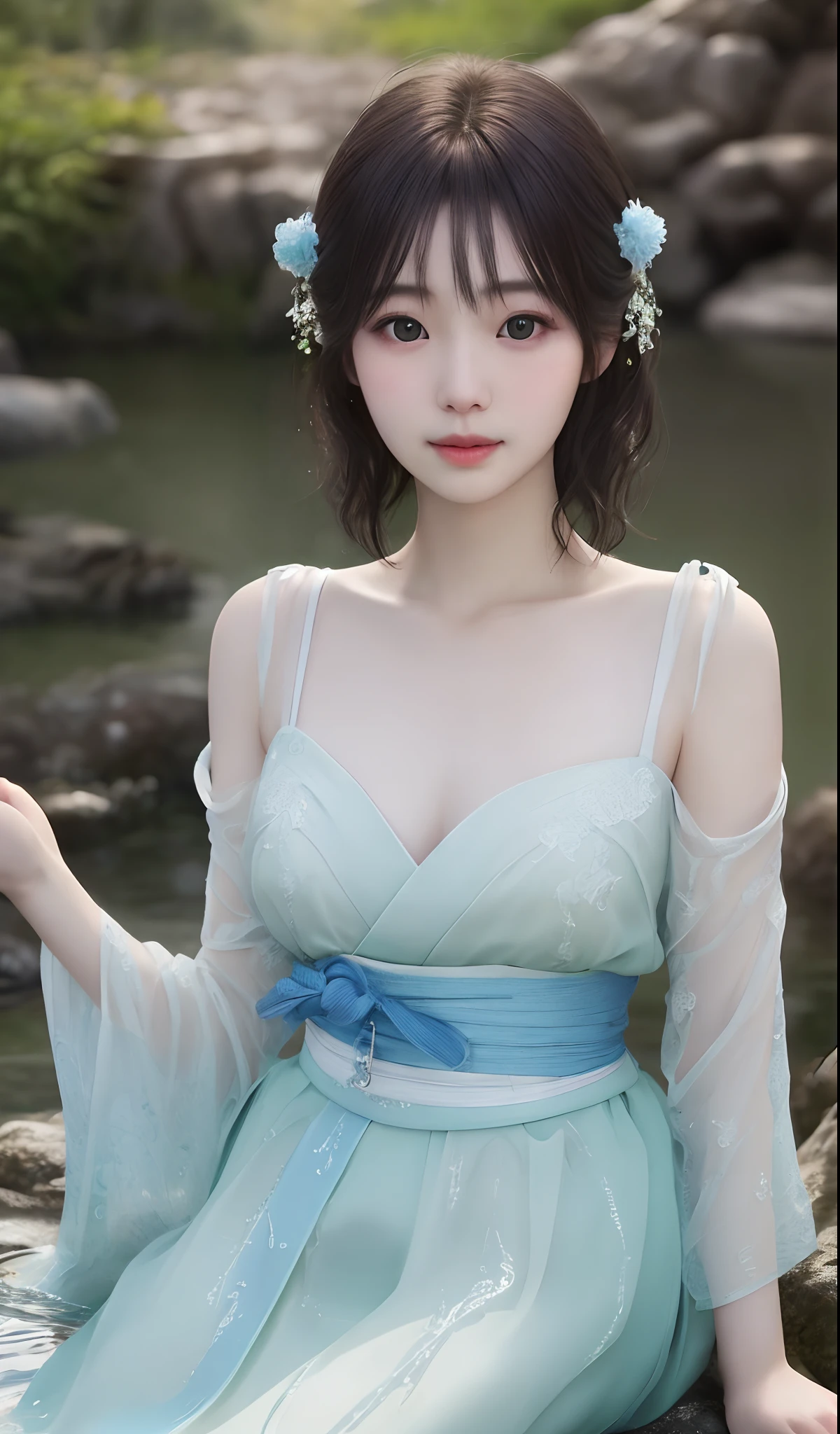 Master quality, highest quality, best picture quality, exaggerated details, a cute 8 asian little gth a shy expression, slightly squinted eyes, adjusting her hair, long eyelashes (long hair / very, very exaggerated big breasts, big tits / in petticoat dress tissue, ), posing sit in front of the camera, wet breast hanfu