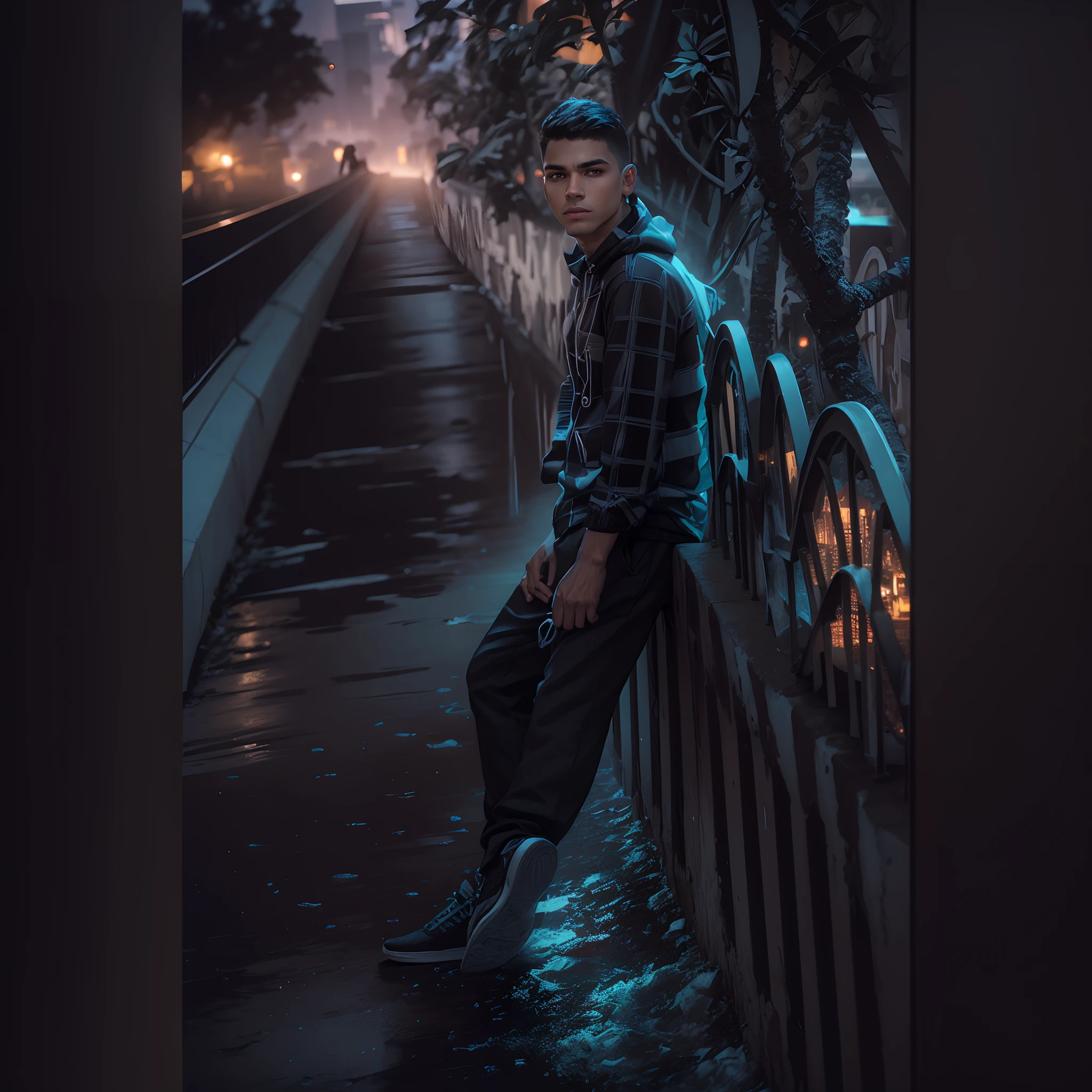 Young man in hoodie and black jacket sitting on the back on the edge of the building looking at the night very dark city, It's a beautiful city, enquanto chove